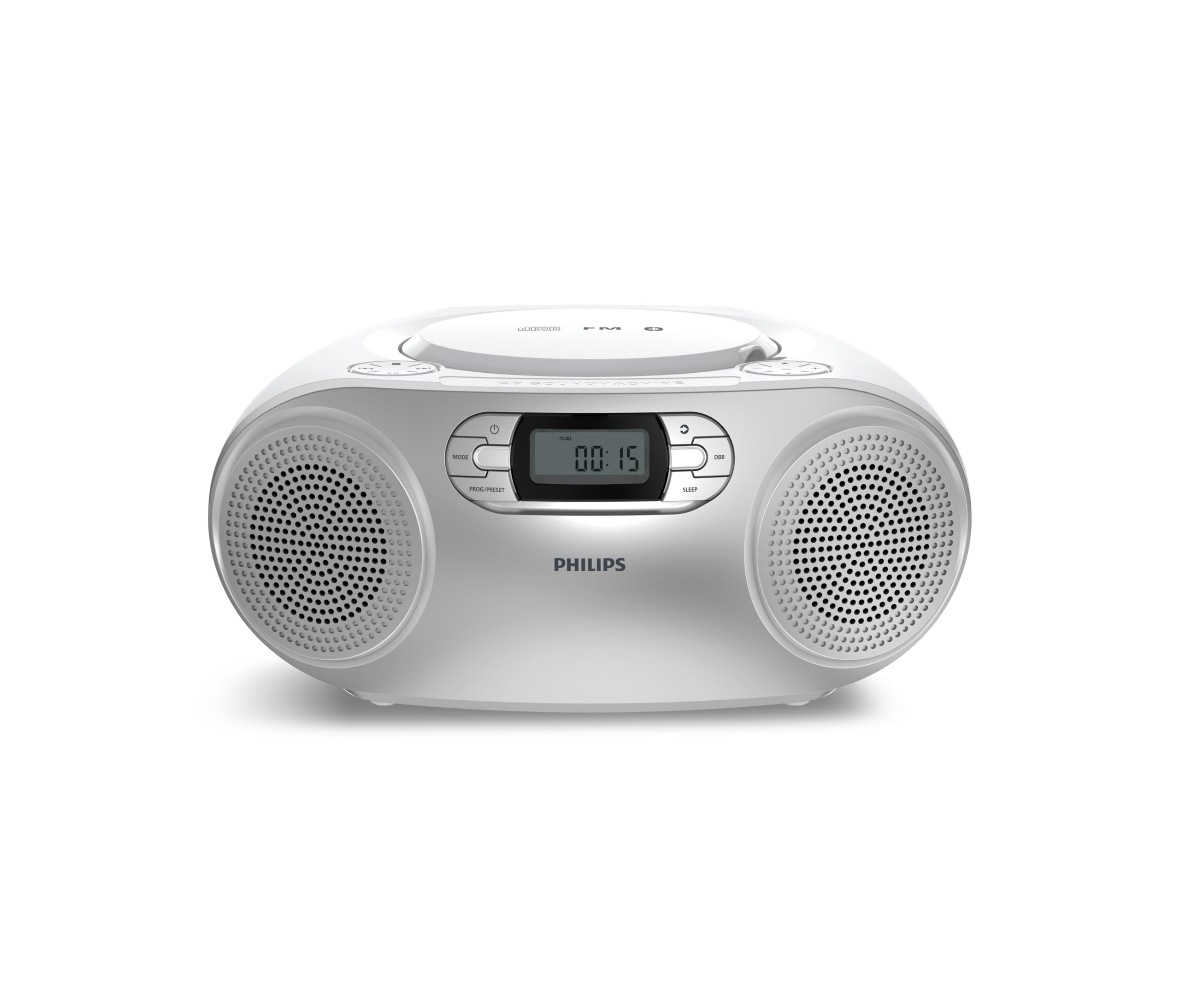 Philips TAZ2000 CD Soundmachine portatile CD con Radio FM, Bluetooth 6.0, Riproduzione USB, Ingresso audio, Boost bassi dinamici, Altoparlanti stereo 6W, CA/Batteria, Maniglia – Argento