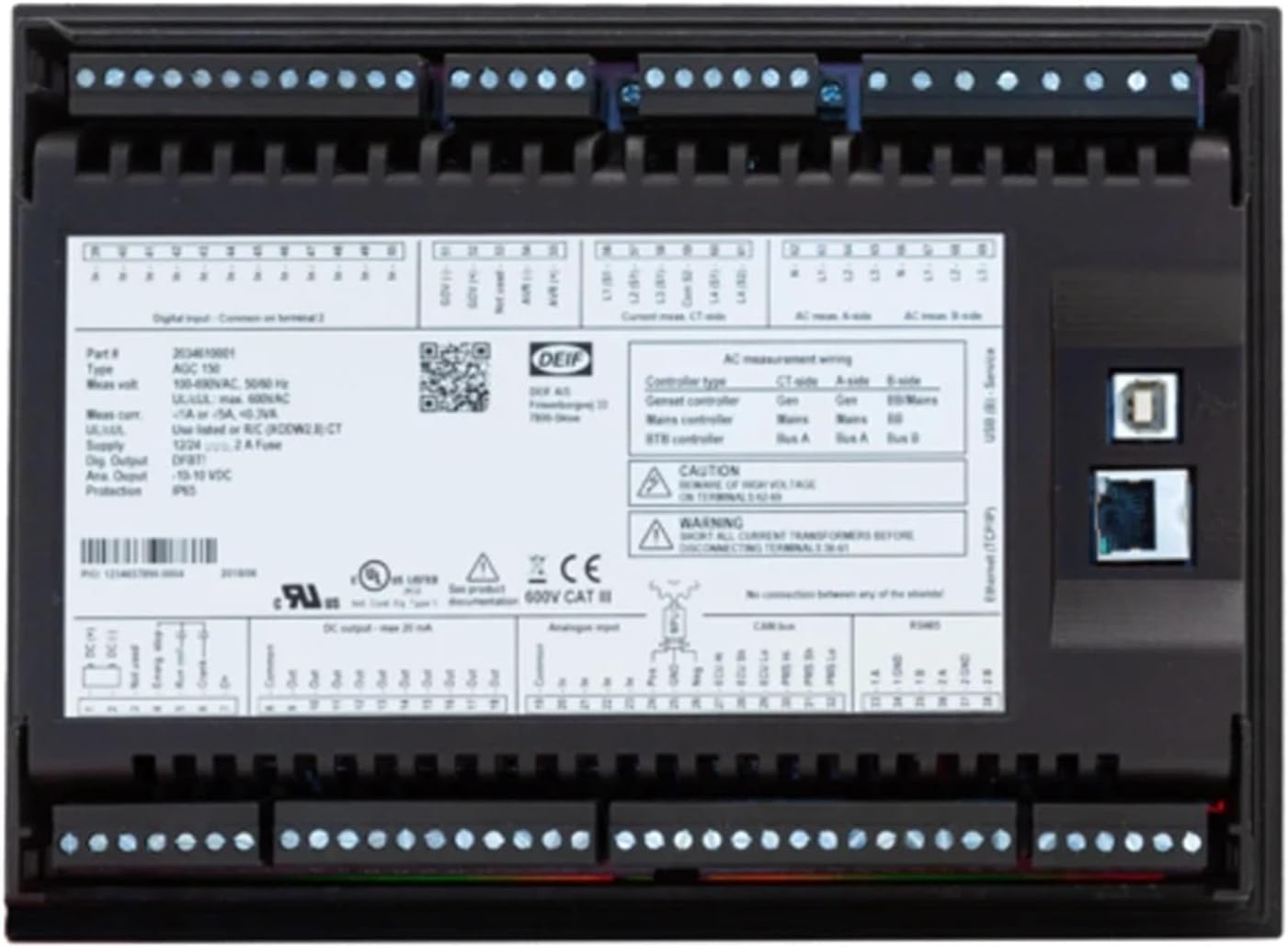 Rear panel of the AGC150 Generator Auto Start Control, showing various terminal blocks, USB port, and Ethernet port.