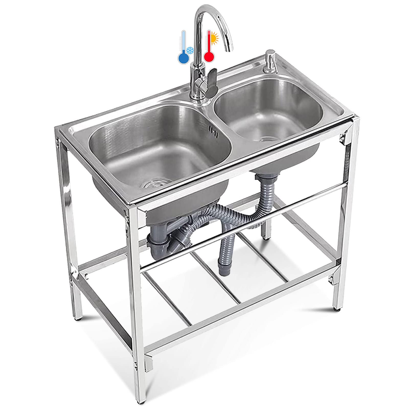 ZQFHSX Freestanding Commercial Restaurant Utility Sink Kitchen Stainless Steel Washing Hand Basin Camping Movable for Garage, Laundry Room, Outdoor Garden,2 Compartment