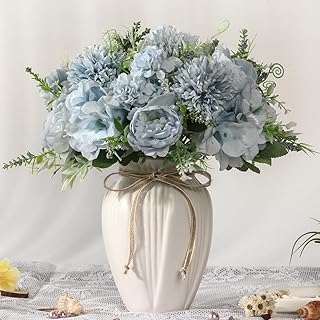 Peonies Artificial Flowers in Vase, Fake Hydrangea Silk Peony Flower Bouquet with Vase Faux Flowers Arrangement Decor Home Table Dining Room (Blue)