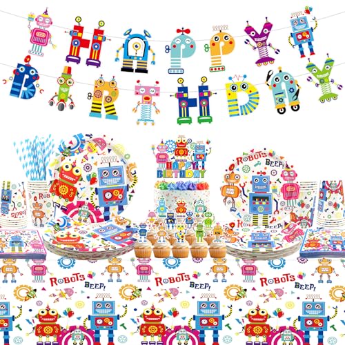 Roboter-Geburtstagsparty-Dekoration: Muster Banner, Tischdecke, Teller, Servietten, Geschirr, Roboter Theme Party Zubehör für Jungen Mädchen Kinder Baby Dusche, Serviert 20