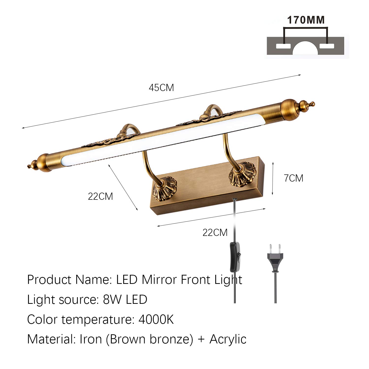 ACMHNC Vintage Spiegelleuchte Bad Mit Stecker,IP44 Badleuchte Retro Spiegellampe Badezimmer Mit Schalter,Braune Bronze Einstellbar Wandleuchte Innen 4000K Spiegel Schminklicht Bilderleuchte,45cm/8w