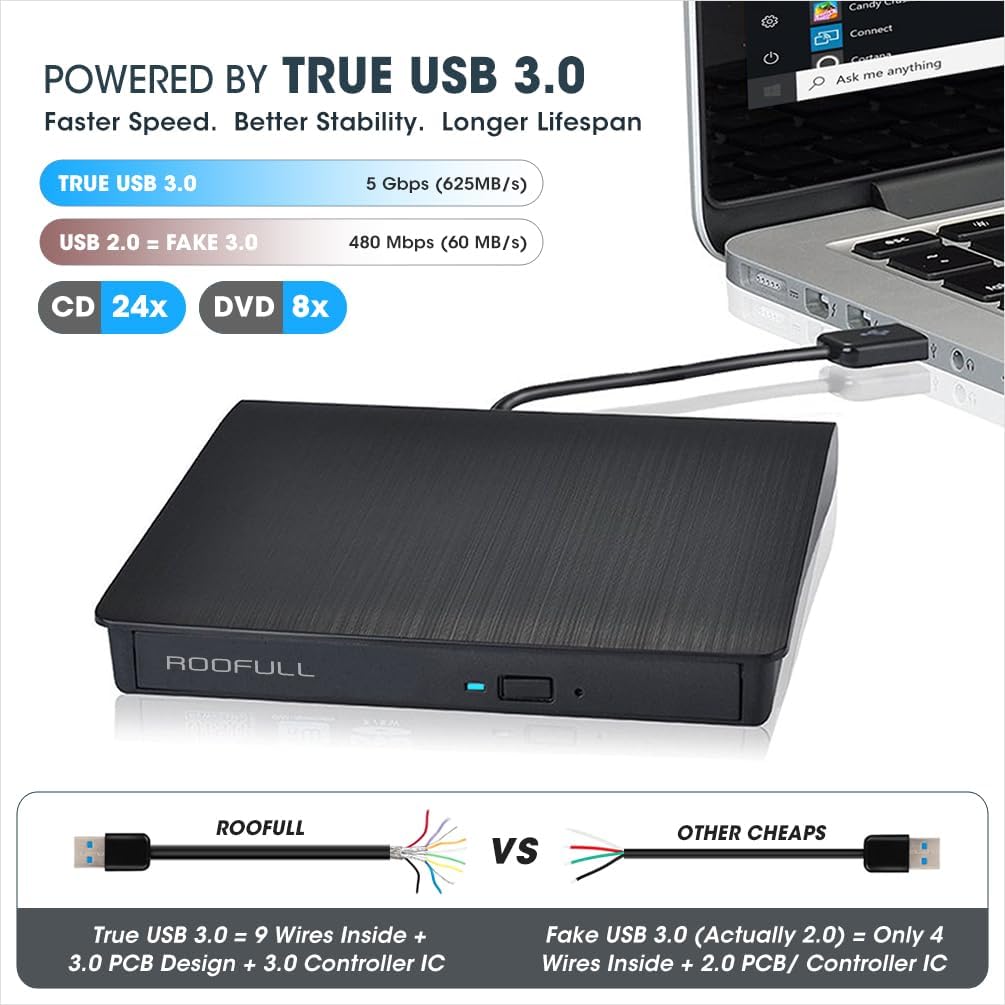 ROOFULL External CD DVD Drive connected to a laptop via USB 3.0