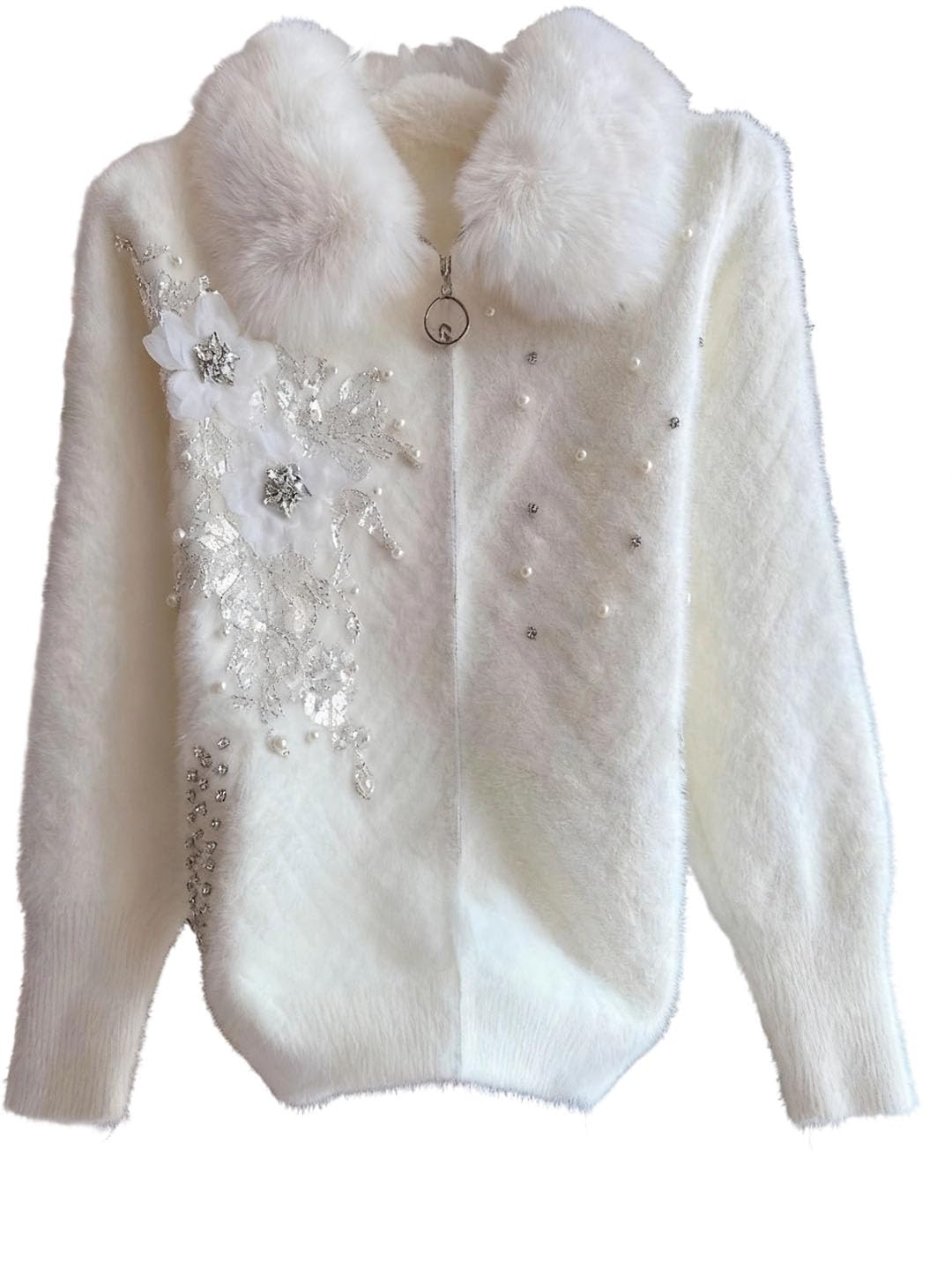 Women Autumn Winter Rhinestone S Faux Collar Knitted Cardigan Ladies Loose Comfort Sweater Coats