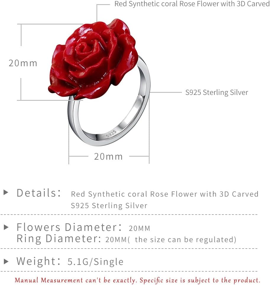 20MM 3D Carved Rose Flower Fashion Statement Ring 925 Sterling Silver Flower Ring Adjustable Cuff Ring