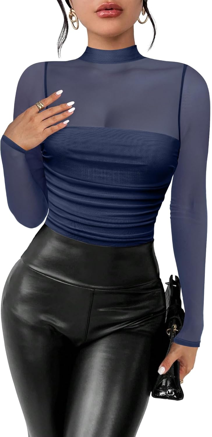 Women's Sexy Bodysuit for Outfits: Mock Turtle Neck Long Sleeve Thong Body Suit Mesh Sheer Ruched Going Out Tops