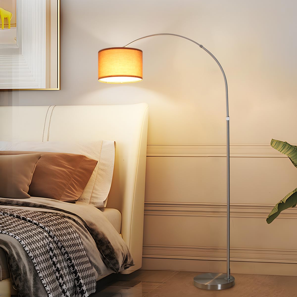 ANTENLICHT LUNA Bogenlampe Wohnzimmer Stehlampe Vintage, Inklusive LED E27 | Standleuchte mit Braunem Stoffschirm I Fußschalter I Bogenleuchte Geeignet Nickel für Schlafzimmer, Hotel