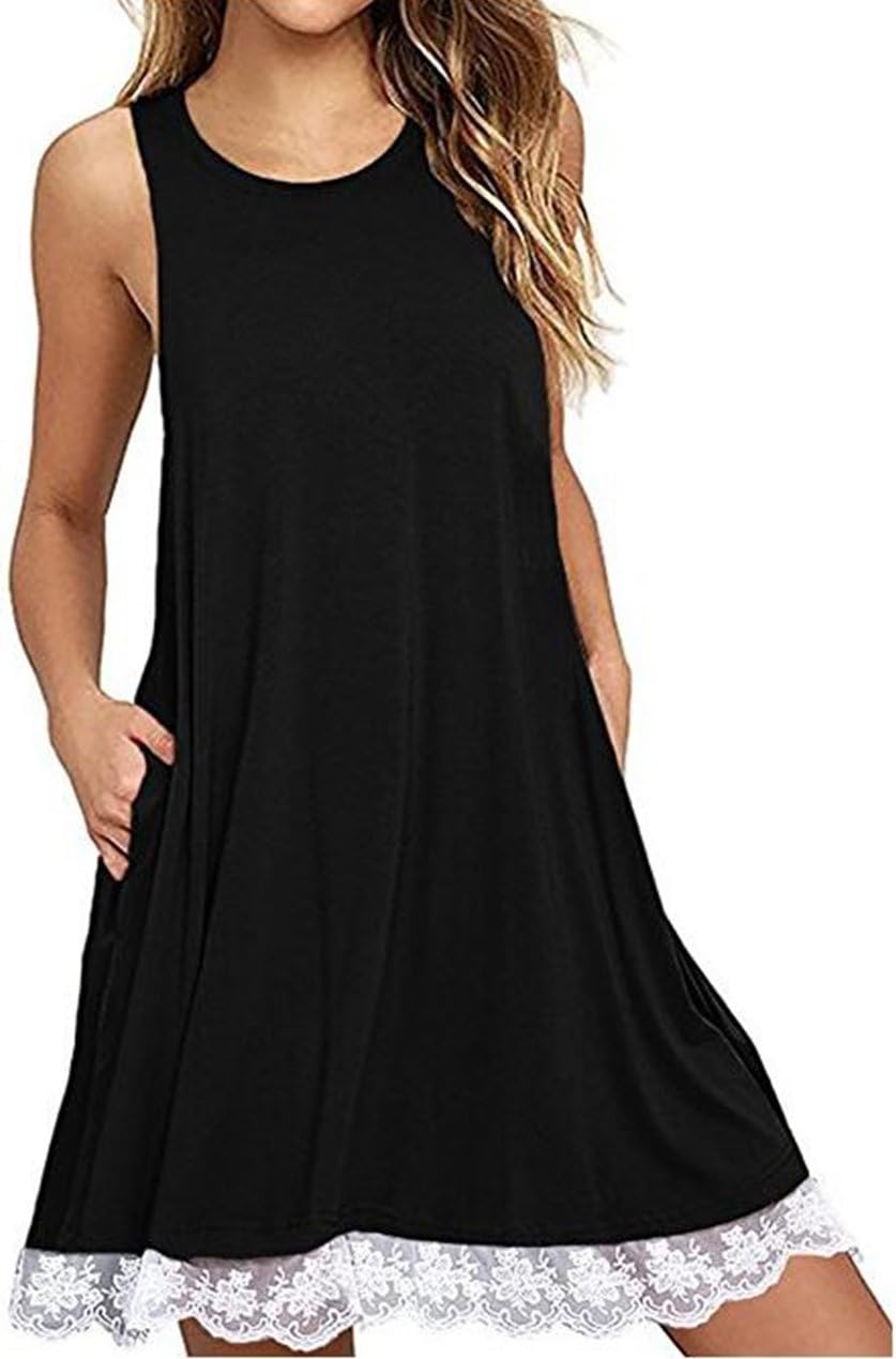 Womens Summer Lace Sleeveless Tunic Tops Casual Loose Swing T-Shirt Dress (Black, S)