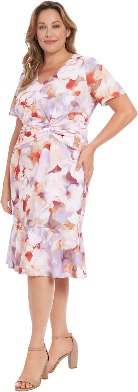 London Times Women's Elegant Midi V-Neck Short Sleeve Twist Waist Flounce Hem-Special Occasion Cocktail Dresses