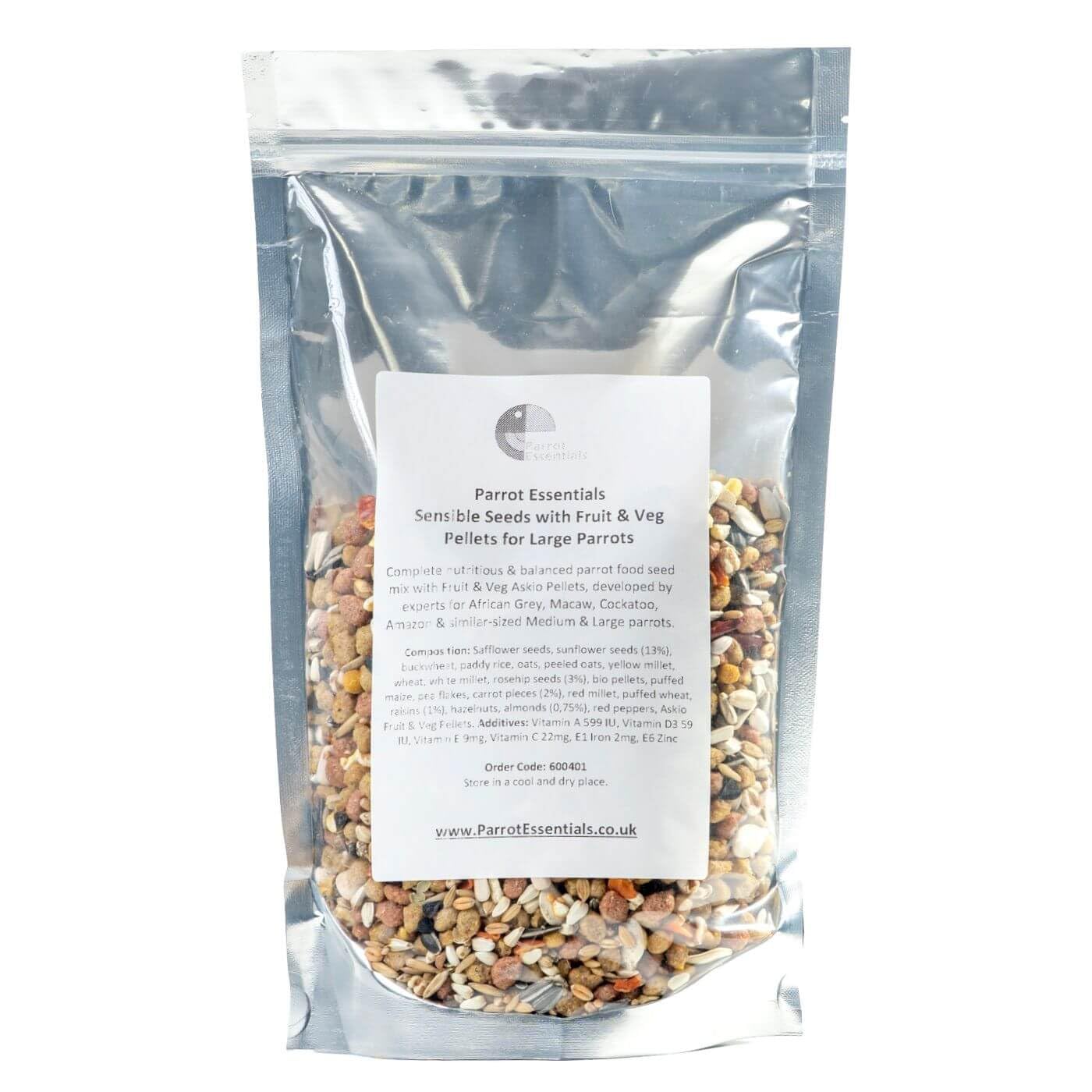 Sensible Seeds Parrot Food with Fruit & Veg Pellets for Large Parrots by Parrot Essentials - 500g