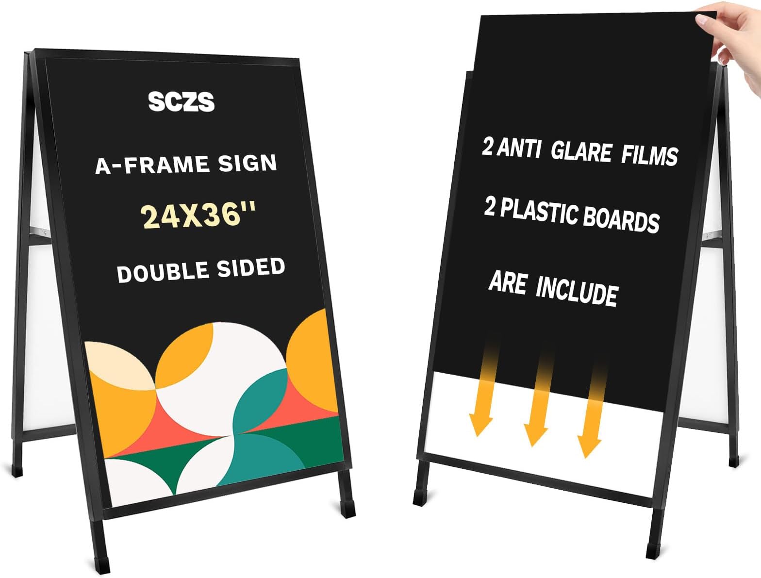 SCZS 24x36 Inches Double Sided Heavy Duty Slide-in Folding A-Frame Sidewalk Curb Sign Stand Display Poster Boards Poster Holder Frame Chalkboard Sign, (Black-Metal)