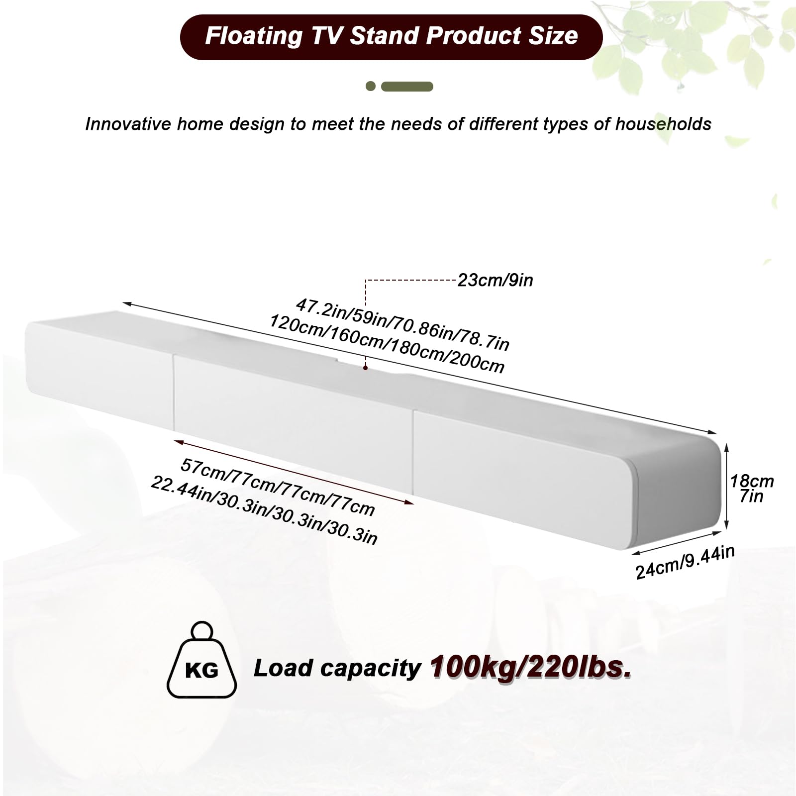 FPIGSHS TV Lowboard Hängend mit 2 Schublade TV Board 120-200 cm, Modern TV Schrank fernsehschrank für Wohnzimmer Schrank fernsehtisch Hängeschrank Multimedia Wandregal (B, 120cm)