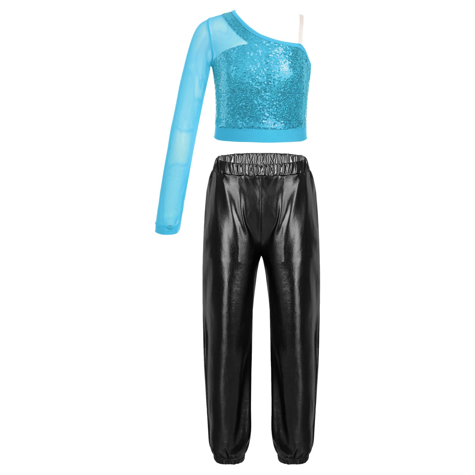 JanJean Kids Girls 2Pcs Dance Tracksuit Shiny Metallic Crop Top with Athletic Sweatpants Jazz Hip Hop Jazz Dance Costume Light Blue&Black B 16 Years