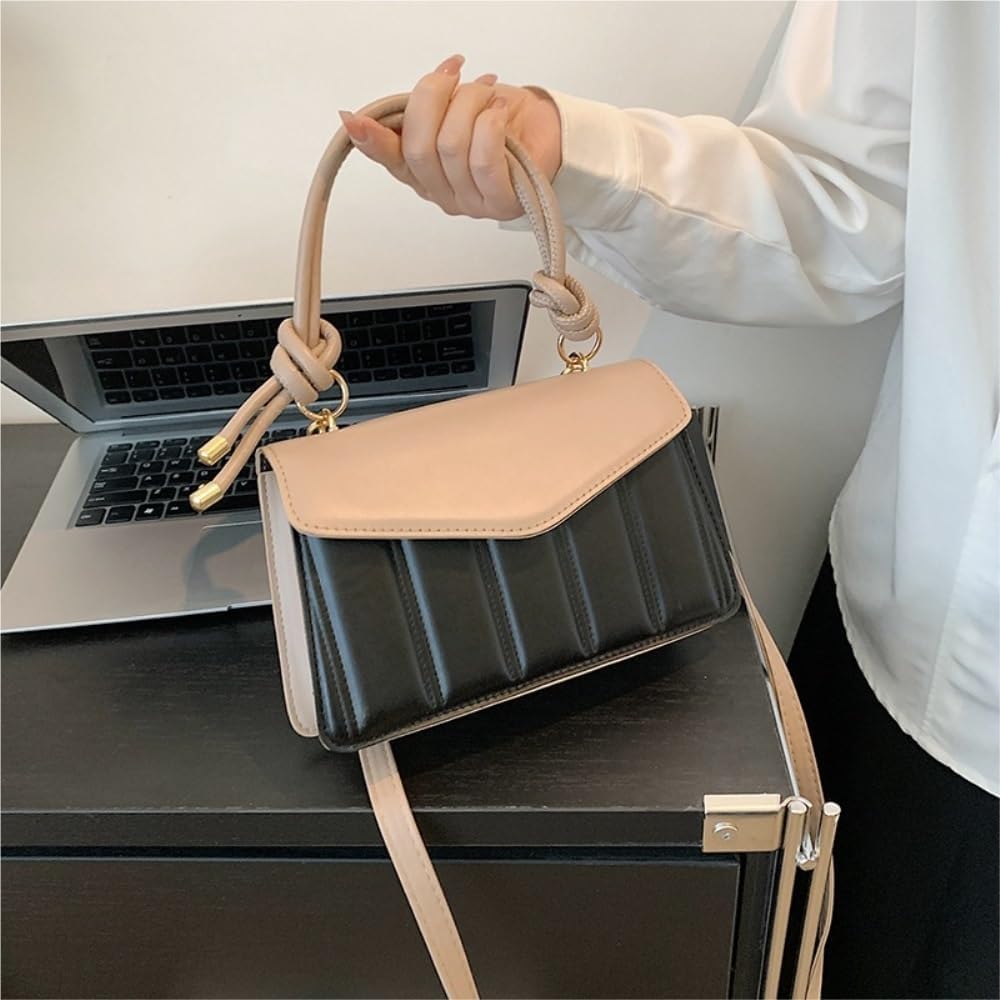 [LQXXLW] レディース カラーブロック ルーシュハンドバッグ - 通勤に最適なトップハンドル ショルダー クロスボディバッグ