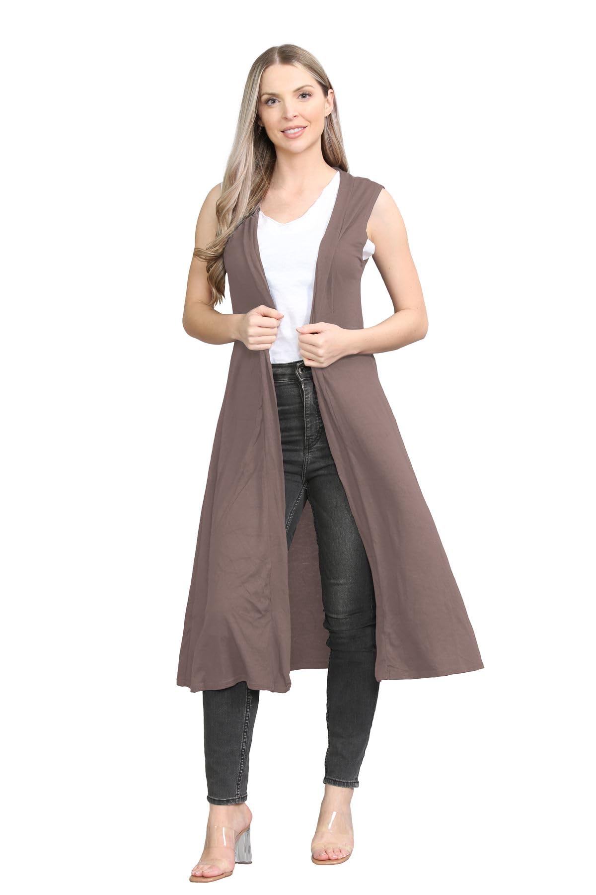 Janisramone Women's Mocha Janisramone® Sleeveless Cardigans For Uk, Stylish And Versatile Plain Open Collared Long Maxi Boyfriend Cardigan Perfect For Layering Over Summer Dresses