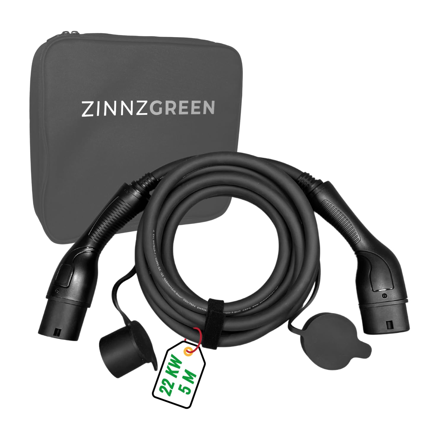 Cavo Di Ricarica ZINNZGREEN Tipo 2 Per Auto Elettrica E Ibrida - 5 Metri, 22 KW, 32 A, Trifase, IP54