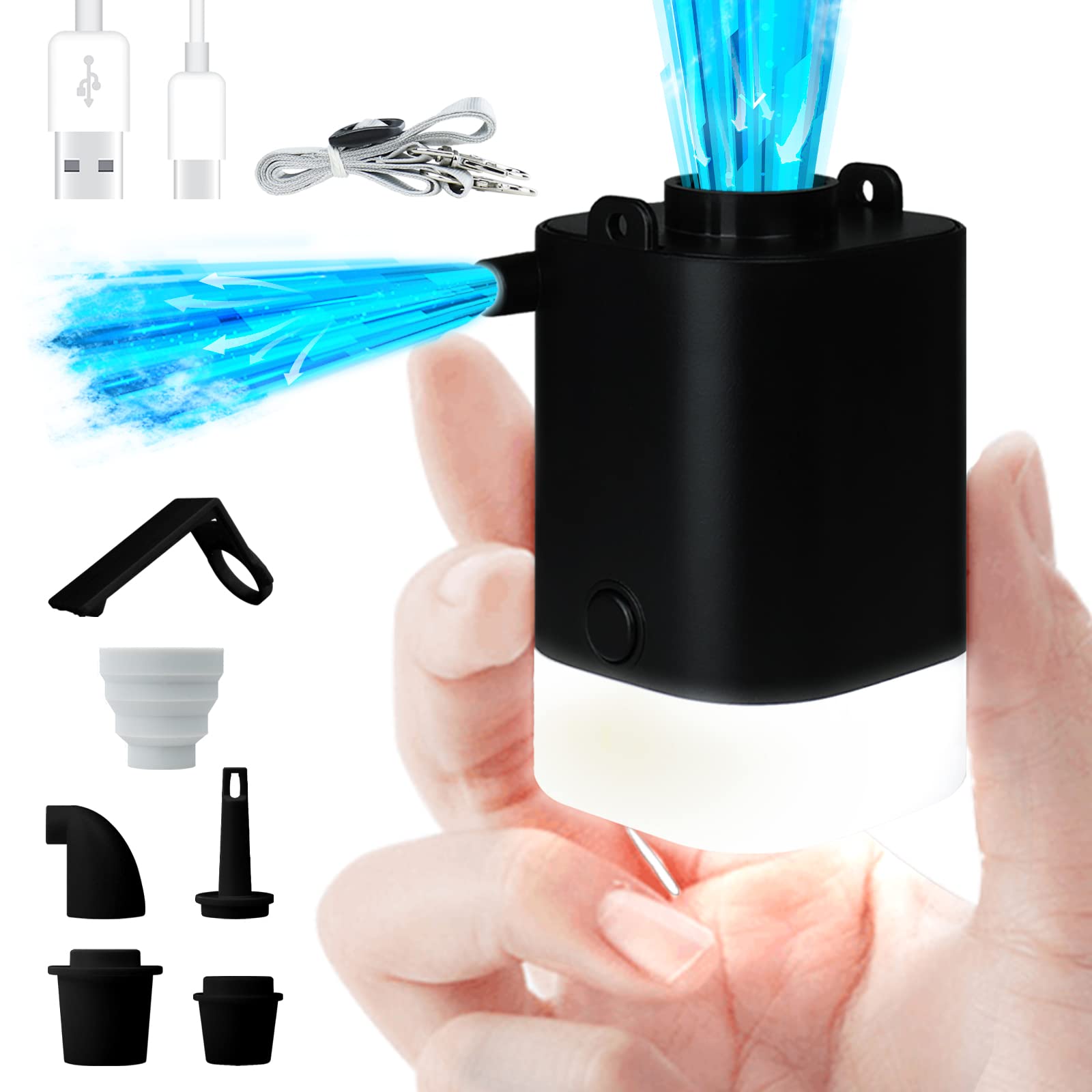 MTIP Tiny Pump X Portable Air Pump X Mini Pump Electric Air Pump Rechargeable Pump Ultralight Inflator with Led Light for Pool Floats Boats Sleeping Pads Inflatable Toys Rechargeable Pump (Black)