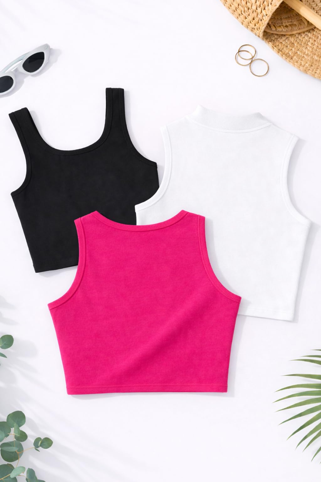 Toochki Top da donna crop top da donna canotta activewear t-shirt sport casual rotondo, quadrato, canotta in cotone a collo alto, confezione da 3