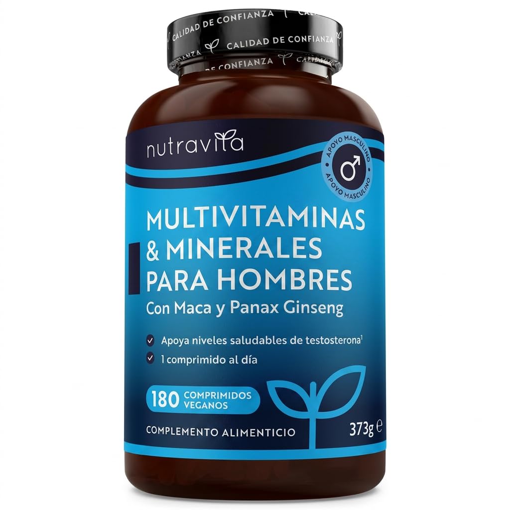 Nutravita Multivitaminas y Minerales Para Hombre - 180 Multivitaminico Tabletas - 25 Vitaminas y Minerales Esenciales - Vitaminas C, Maca y Panax Ginseng - Energía, Inmunidad, Huesos y Músculos