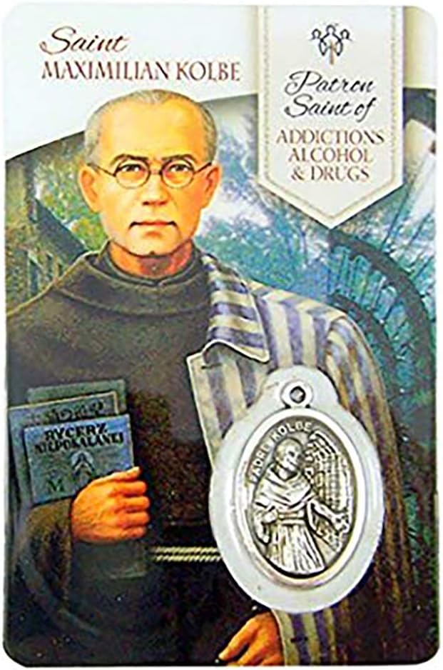 The Healing Saints Silver Toned Saint Maximilian Kolbe Patron of Addictions Alcohol and Drugs Medal with Holy Card, 1 Inch