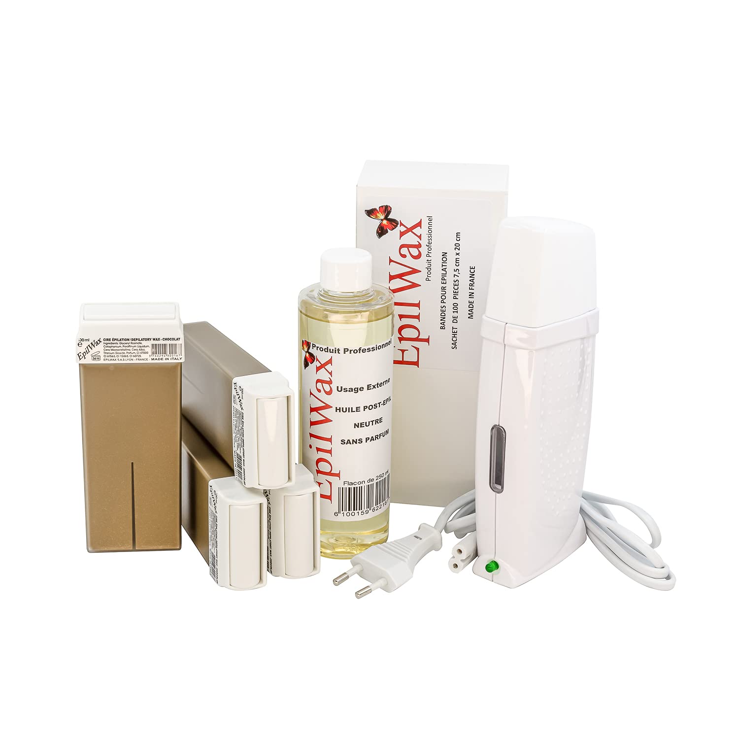 EpilWax Royal Complete Epilation Kit mit: Professionellem Wachswärmer 4 Roll-On Wachs 100 ml aux Chocolat, 100 Epilierstreifen, 1 Flasche 250ml Öl nach der Epilation (Royal Serie Chocolat 4)