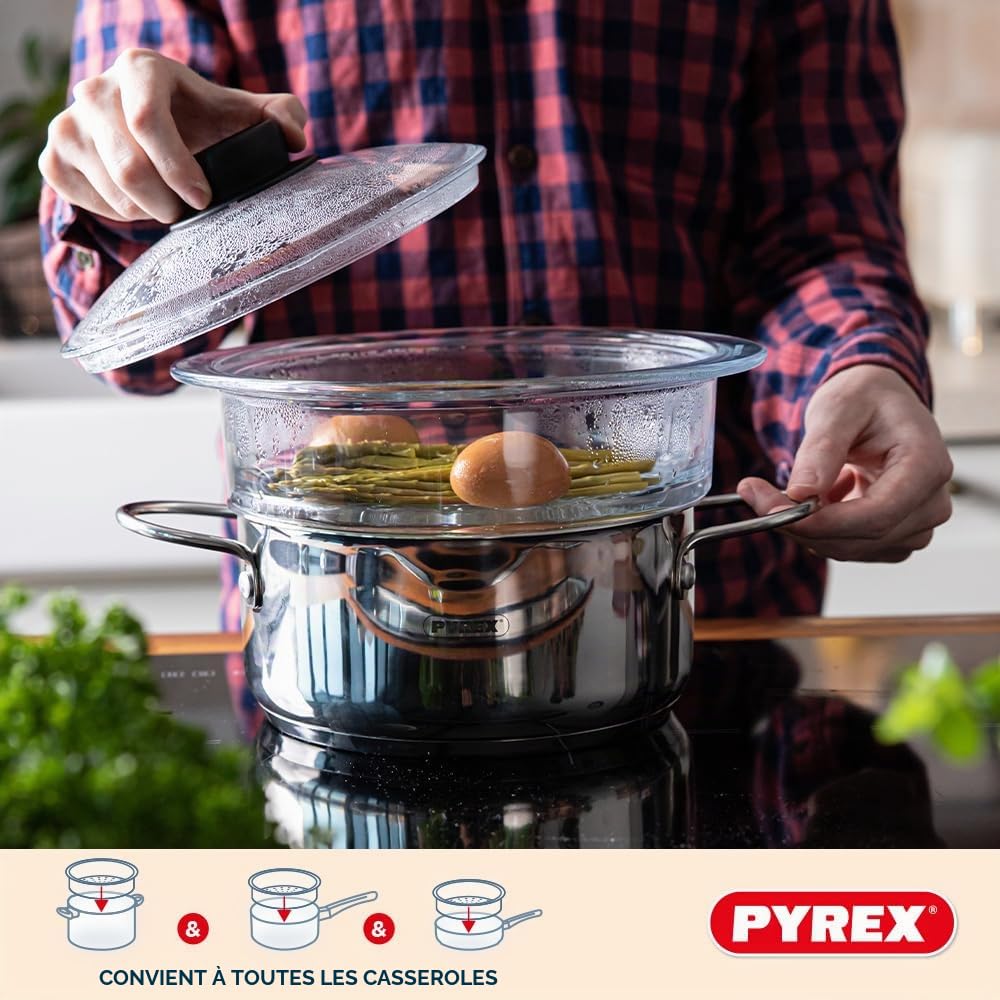Pyrex - Panier Vapeur 20cm et Couvercle avec bouton - Verre Borosilicate - Made in France