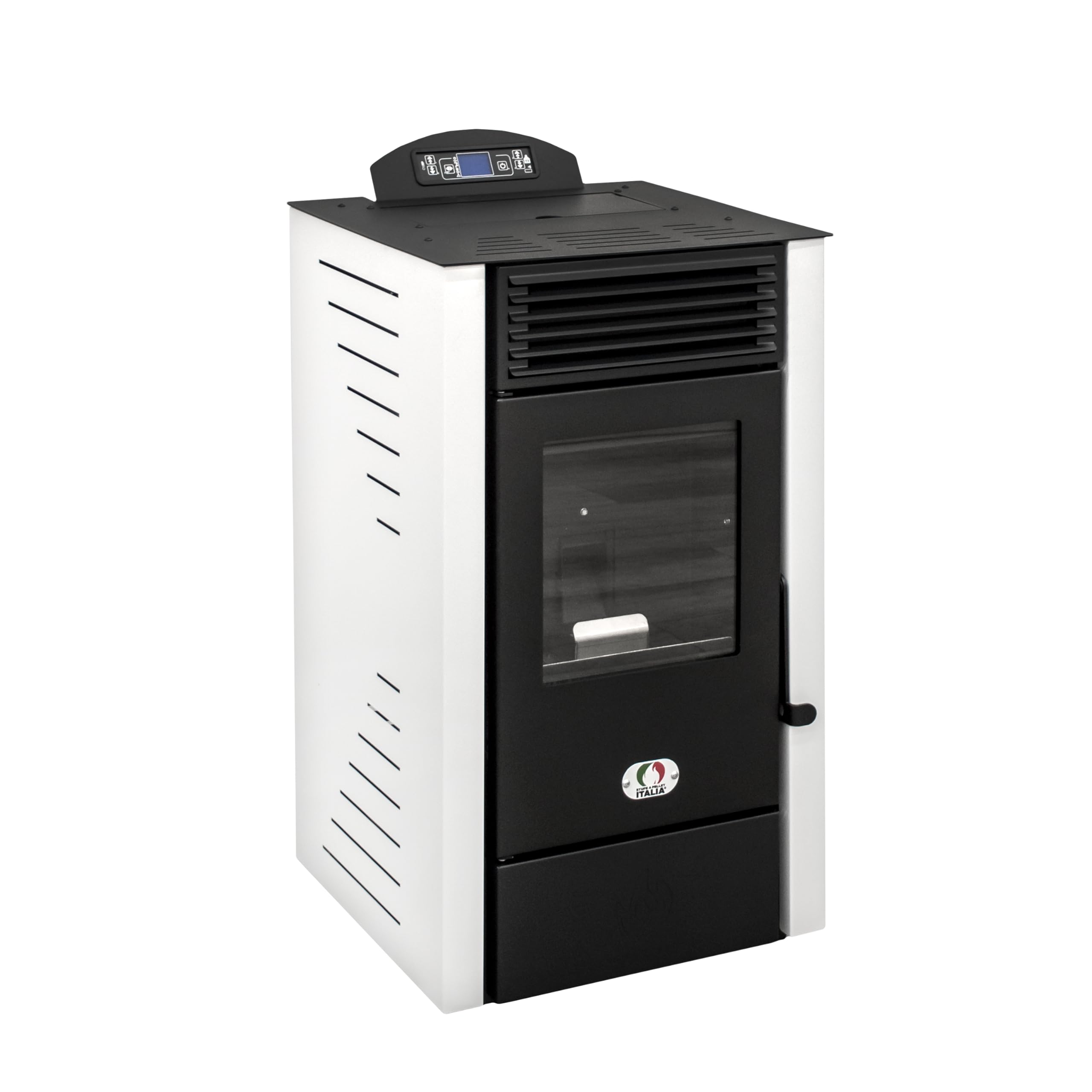 STUFE A PELLET ITALIA California 8 kW, wydajność, 91% ogrzewanie, 70 m², czas pracy 20 h, programowalny 5 prędkości i mocy, kompaktowa konstrukcja, 24 miesiące, biały