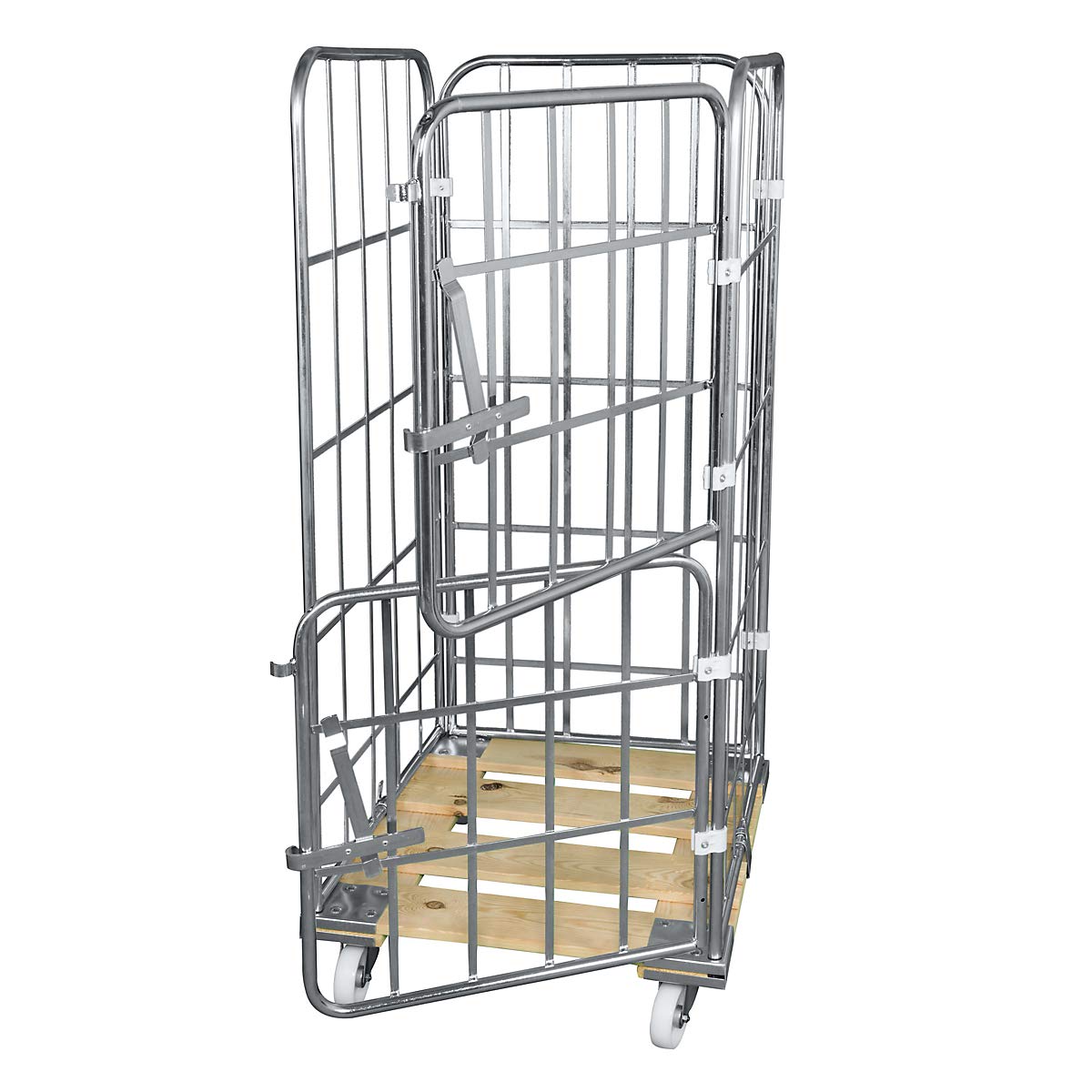 Roll-conteneur avec socle roulant en bois, 4 côtés, l x p 724 x 810 mm, panneau frontal en une partie