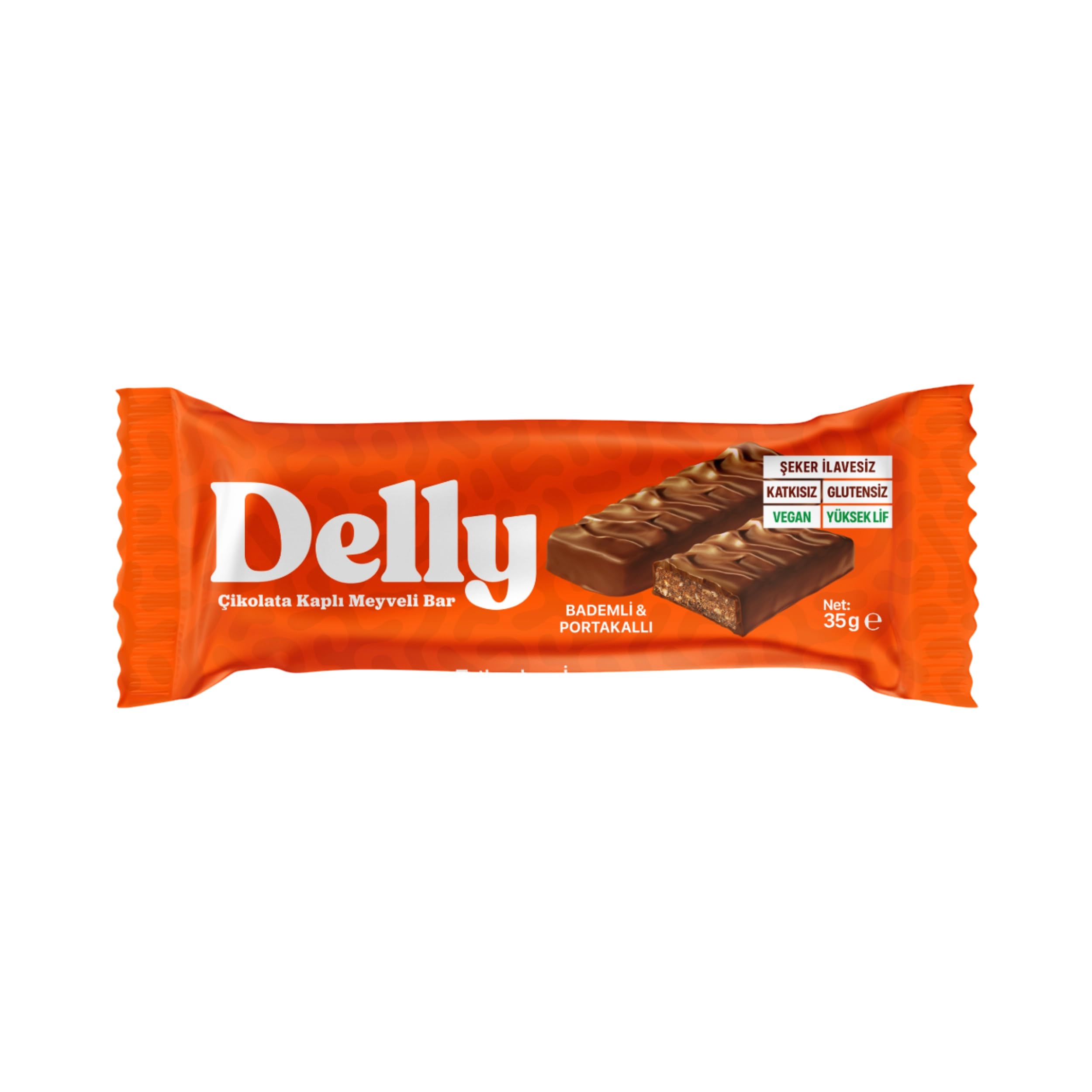 DELLY Çikolata Kaplı - Bademli & Portakallı Meyveli Bar