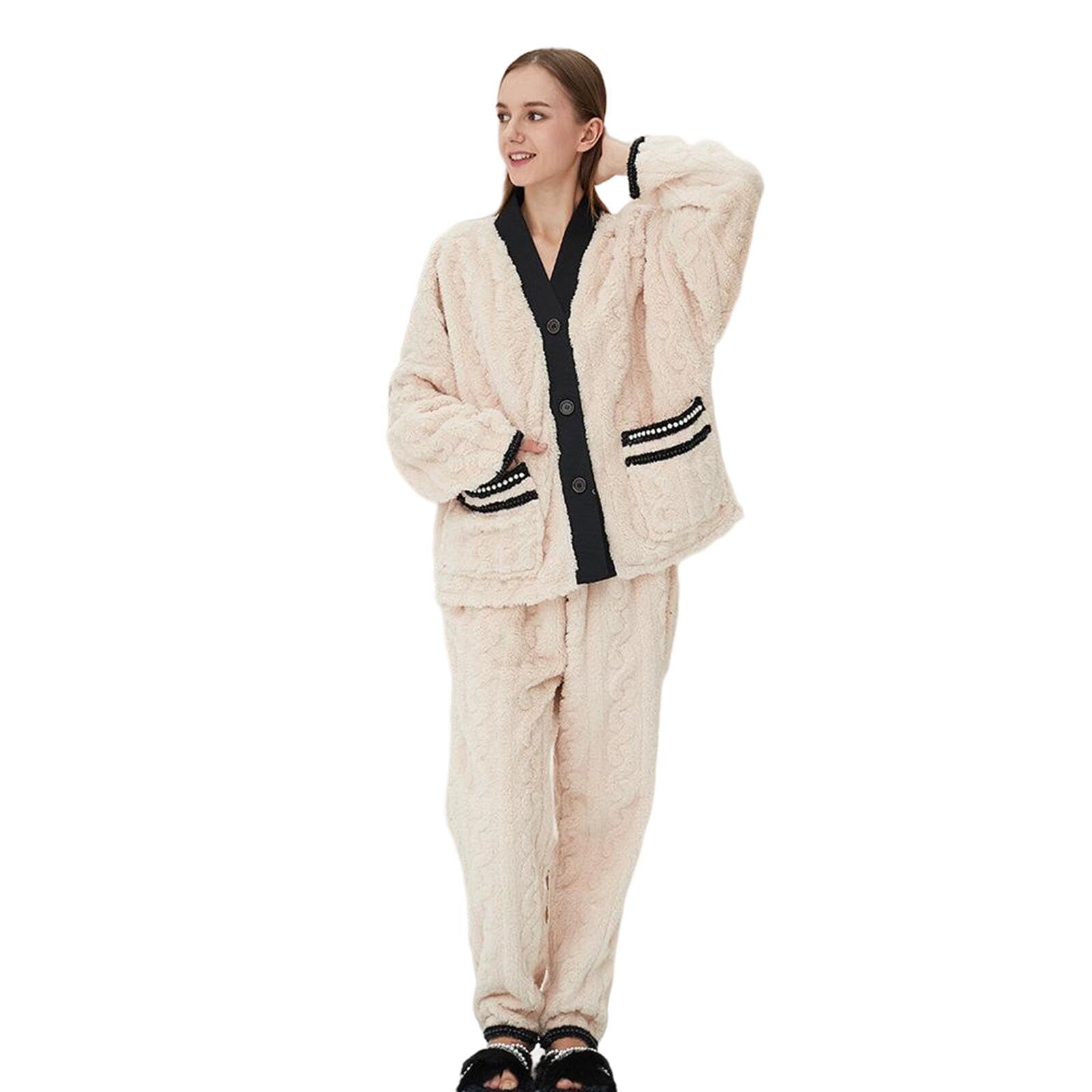 Pigiama Invernale da Donna Pigiama da Donna in Caldo Pile Corallo, Elegante Set di Casa con Cardigan Abbottonato con Scollo A V-Un-M