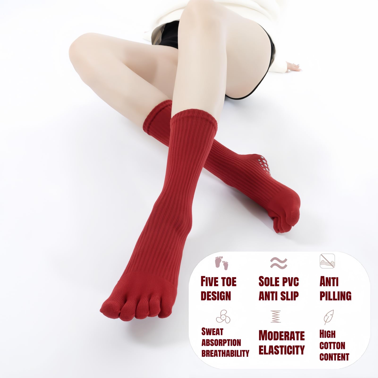 4 Paar rote Yoga-Socken für Damen, mittlere Wadenhöhe, rutschfest, 5 Zehen, mittlere Polsterung, Baumwolle, gepunktete Gummisohle, für Pilates, Tanz, Barre, Fitnessstudio, Mädchen, Barfuß