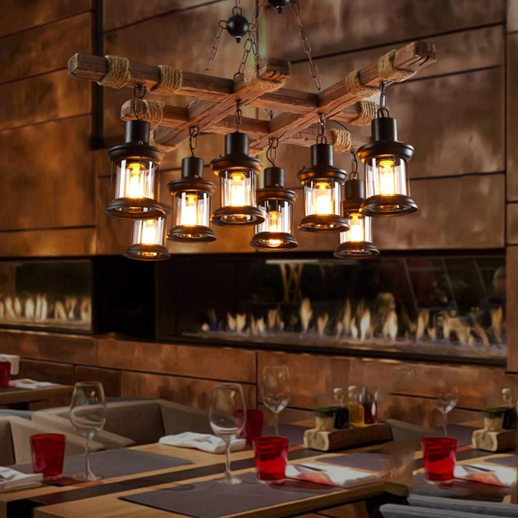 Lampa wisząca LED w stylu vintage, z drewna, rustykalna lampa wisząca w stylu retro, szkło, E27, z regulacją wysokości, do kuchni, salonu, biura, kawiarni, lampa sufitowa, 8 x E27