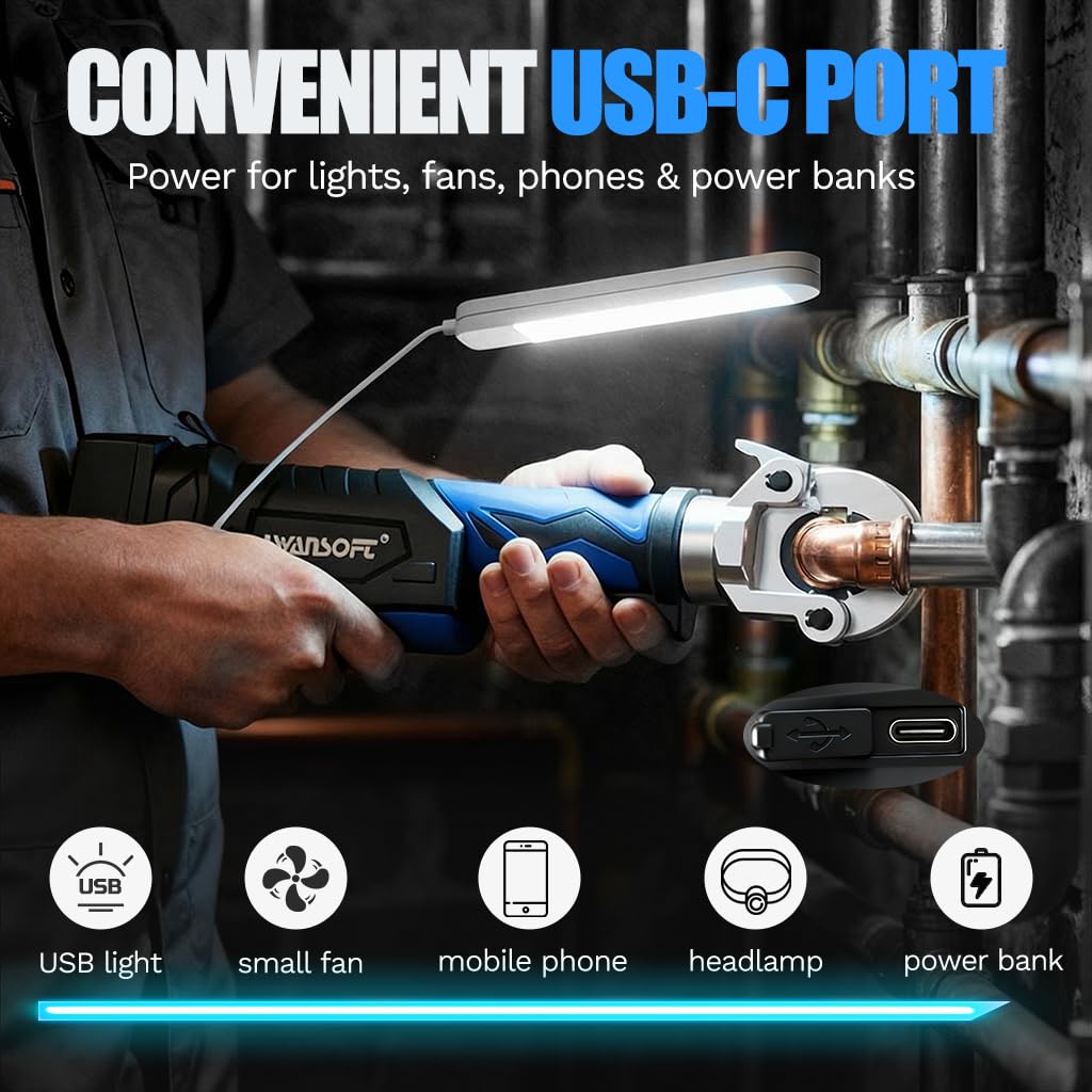 SWANSOFT 18V Prensa Hidráulica Eléctrica para Tubos con Perfil V/U/TH, Alicates de Prensa Hidráulica a Batería para Tuberías, Kit Completo con 12 Matrices V15-18-22-28 U16-20-25-32 TH16-20-26-32