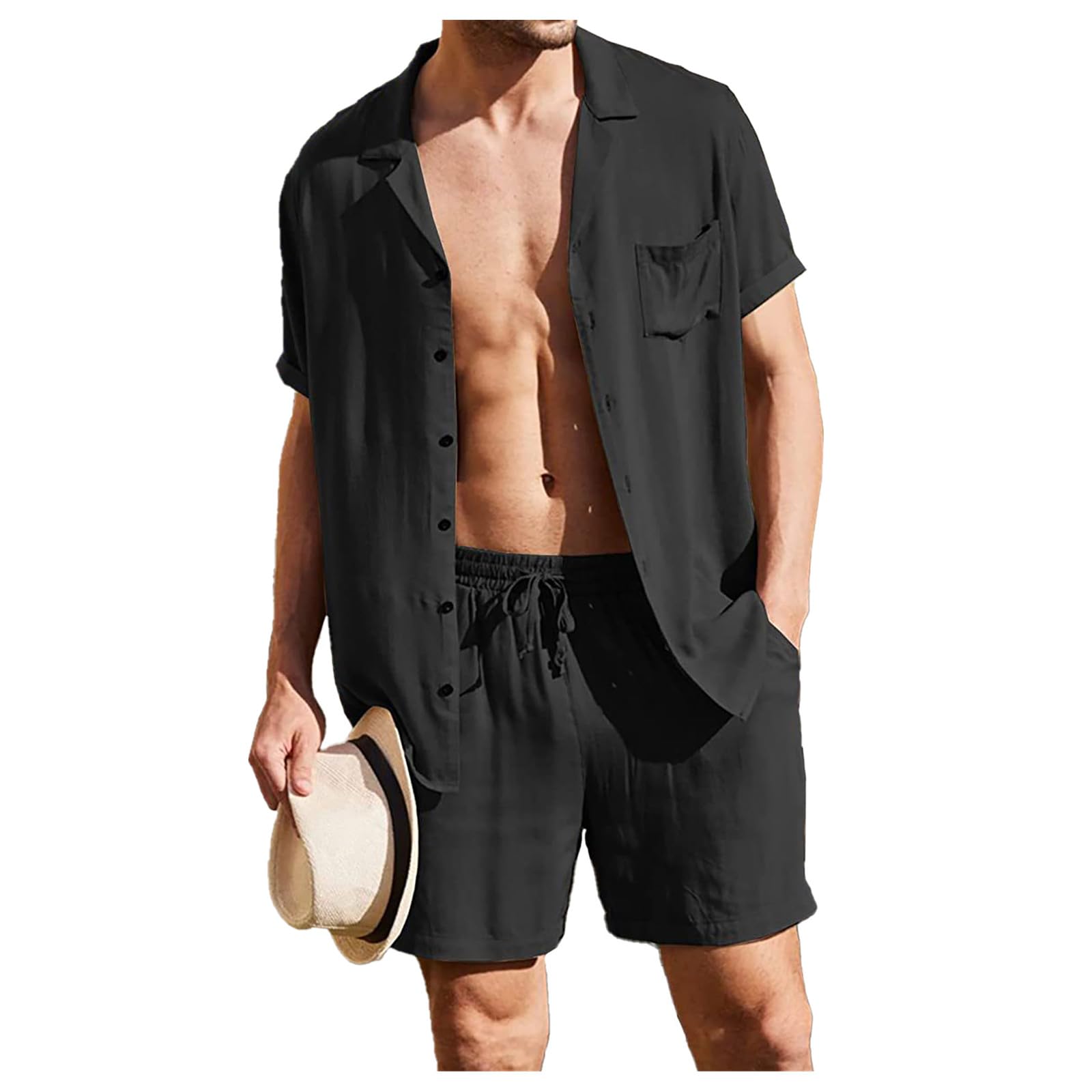 FDKLOOK 2 Stück Herren Leinen Kurzarm Bluse und Shorts Sätze Sommer Freizeitanzug Tasten Hemd Shirt und Kurze Hosen