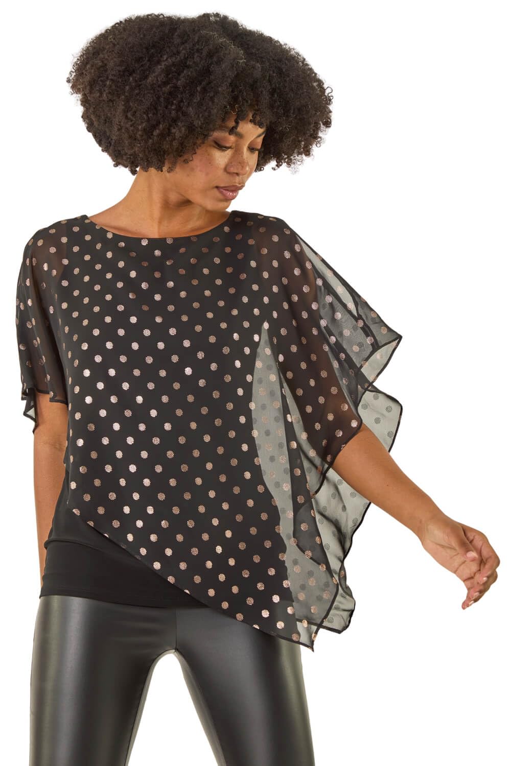 Roman Women's Black Foil Spot Overlay Asymmetric Top Size 20