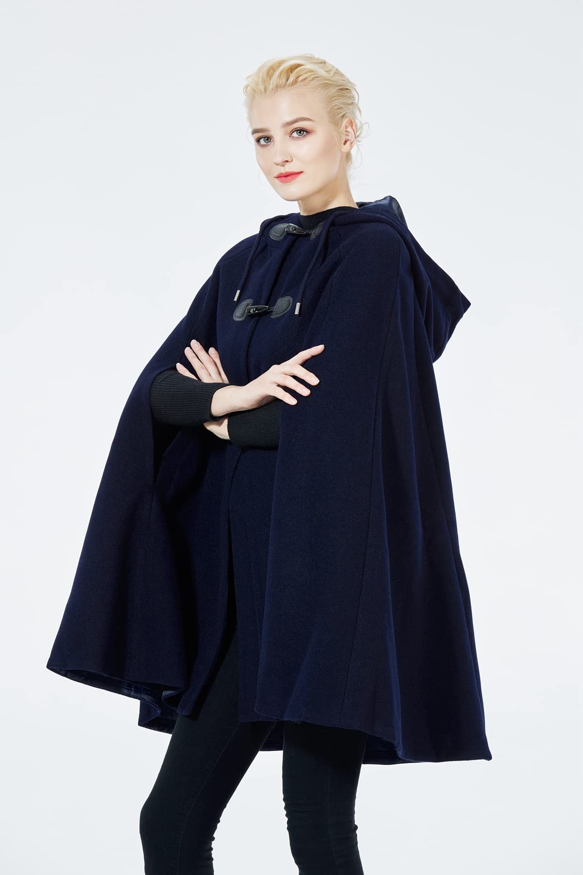 BEAUTELICATE Abrigo de Capa Mujer Chaqueta Encapuchado de Mezcla de Lana Poncho Largo con Botones de Cuerno Moda para Invierno Otoño