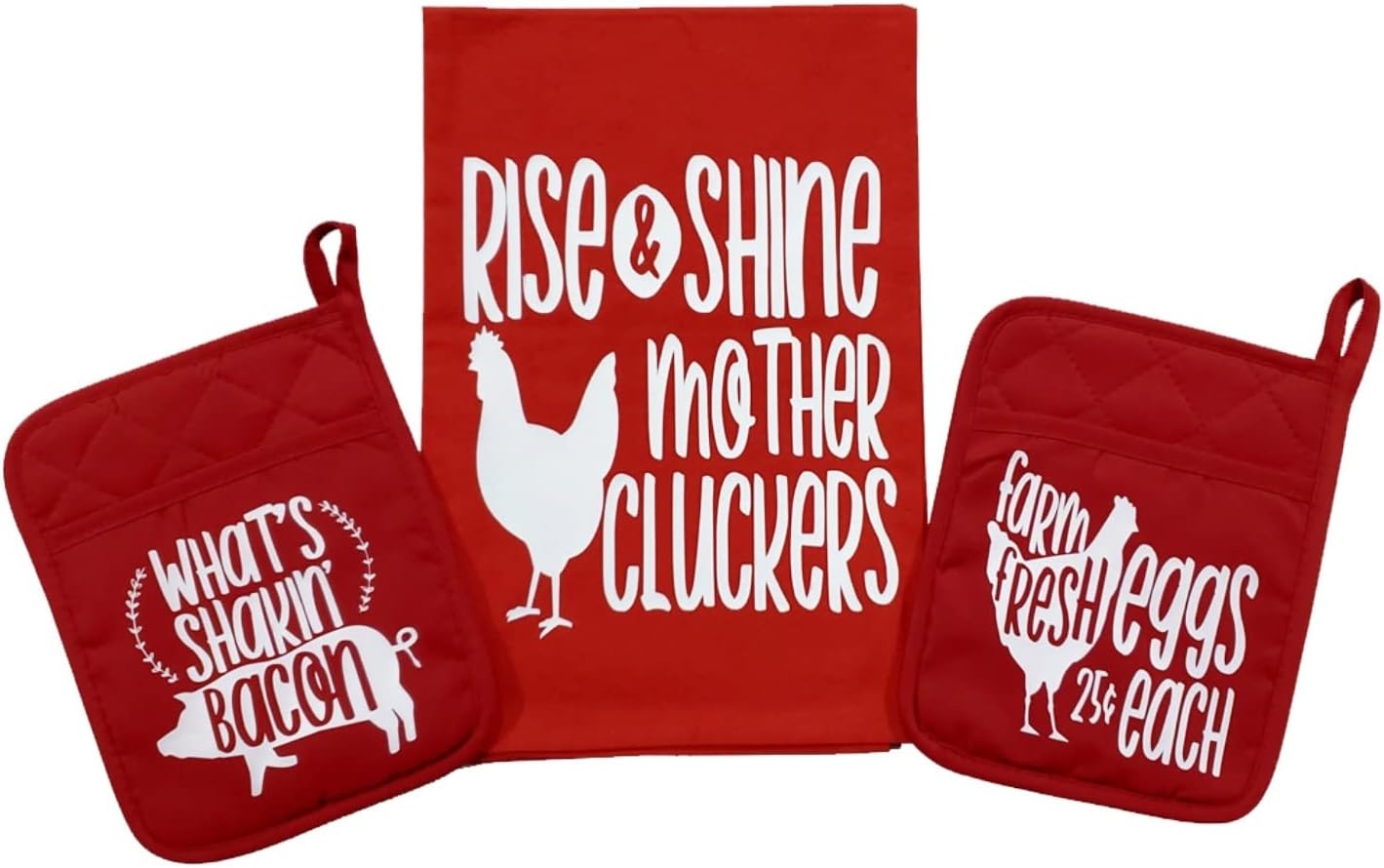 Rise & Shine Mother Cluckers Farmhouse 3-Piece Tea Towel & Pot Holders Set 27" x 27" Trifolded 100% Cotton Highly Absorbent Kitchen Tea Towel & Polyester & Neoprene - Oven Mitt - Hot Pads