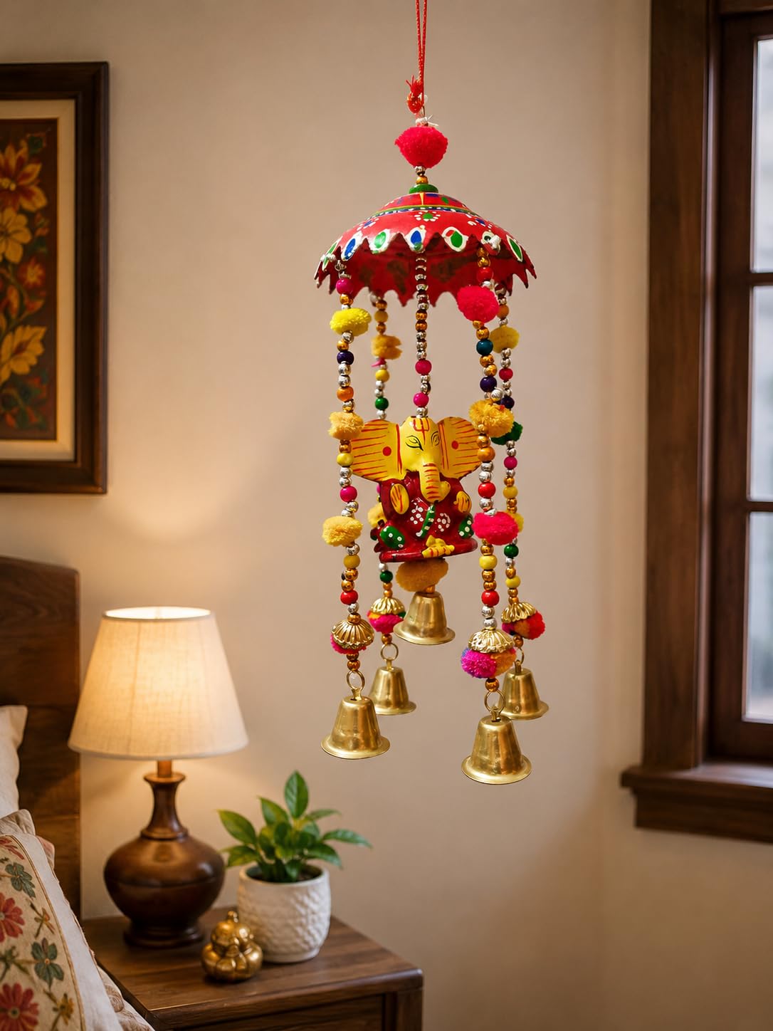 Ganesha Hanging Wind Chime with Umbrella, Bells & Pom Poms | Handcrafted Decor, Brass Bells, Colourful Beads, Festive Wall Hanging, Traditional Indian Art-image-19