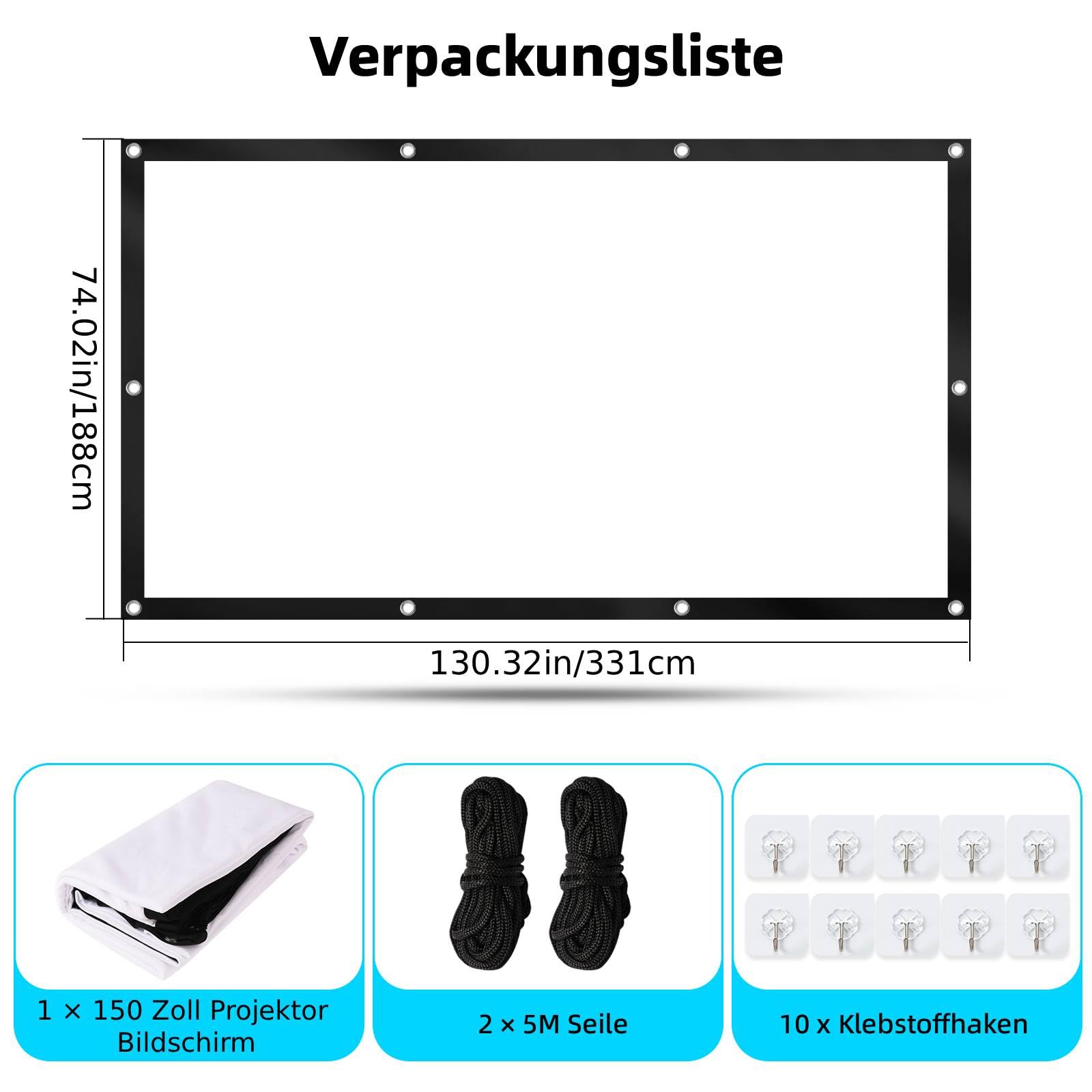 Écran de Projection Portable 150" 16:9 4K HD, Soie de Lait épaissie