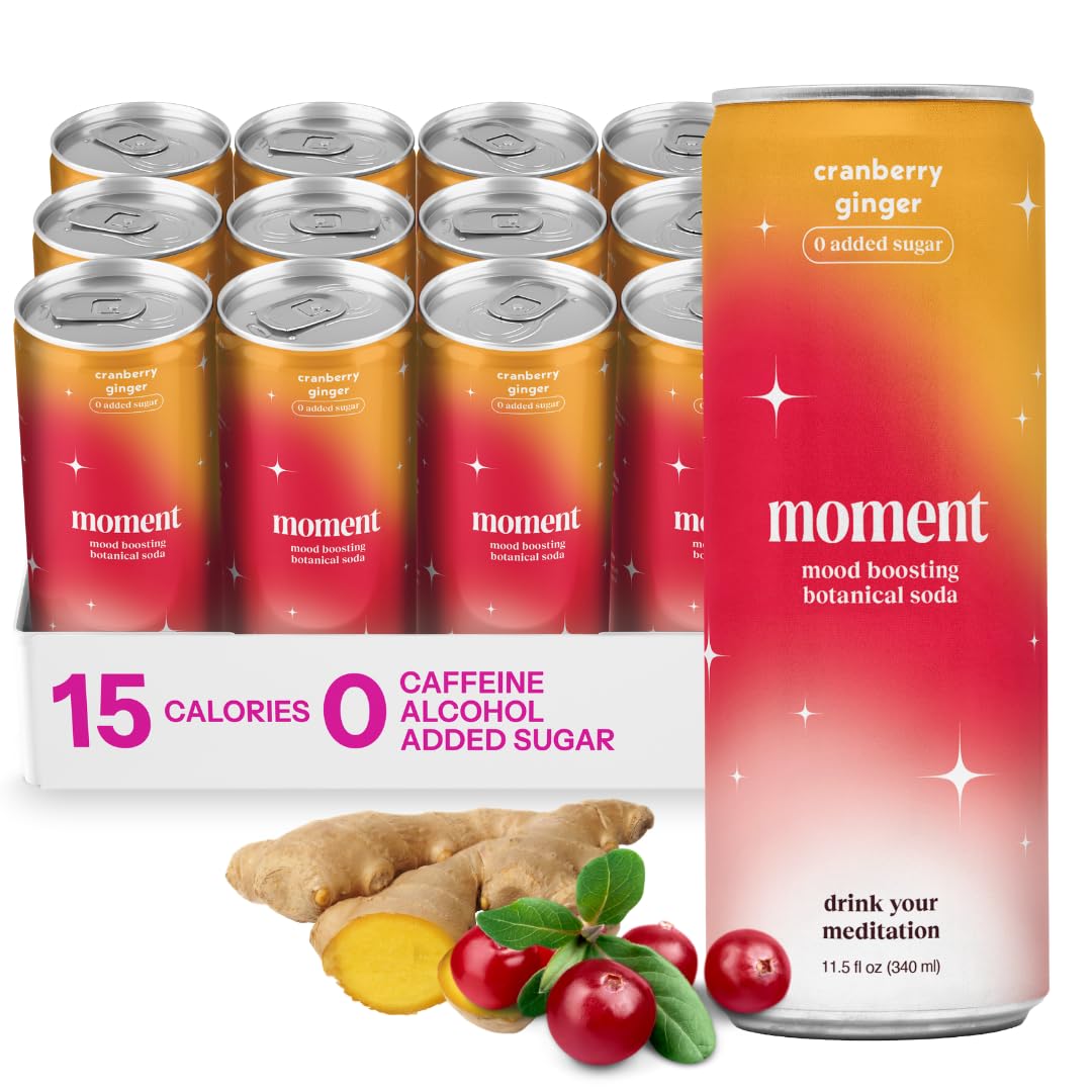 Moment Botanical Soda Soft Drink (Shark Tank) - SPARKLING Non Alcoholic Drinks | Cranberry Ginger | L-Theanine & Ashwagandha for Calm & Clarity | 0 Added Sugar 0 Caffeine | 12-pack