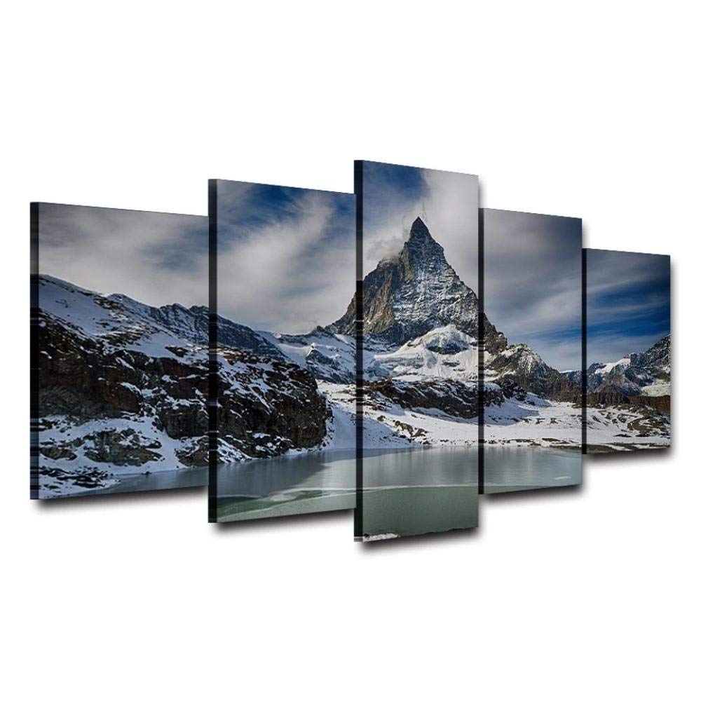 yuanjunNon-Woven Canvas Picture 5 Part Panels Wall Art Print Completely Framed Image Printed Posters Artworks Photo Modules Background Swiss Alps