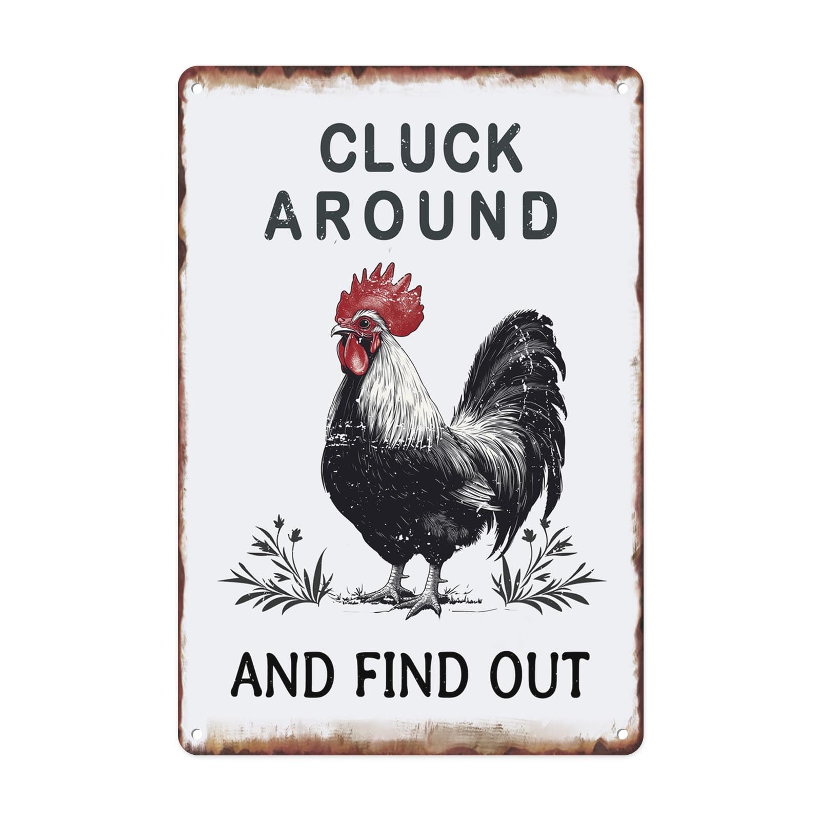 Chickens Cluck Around Funny Tin Sign, 12x8 Inch Decor