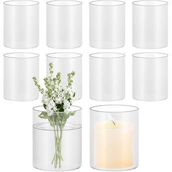 Oungy Pack of 8 Glass Cylinders for Candles, Small Glass Vase, 10 cm High, Clear Glass Vase Cylinder, Round Glass Cylinder wi