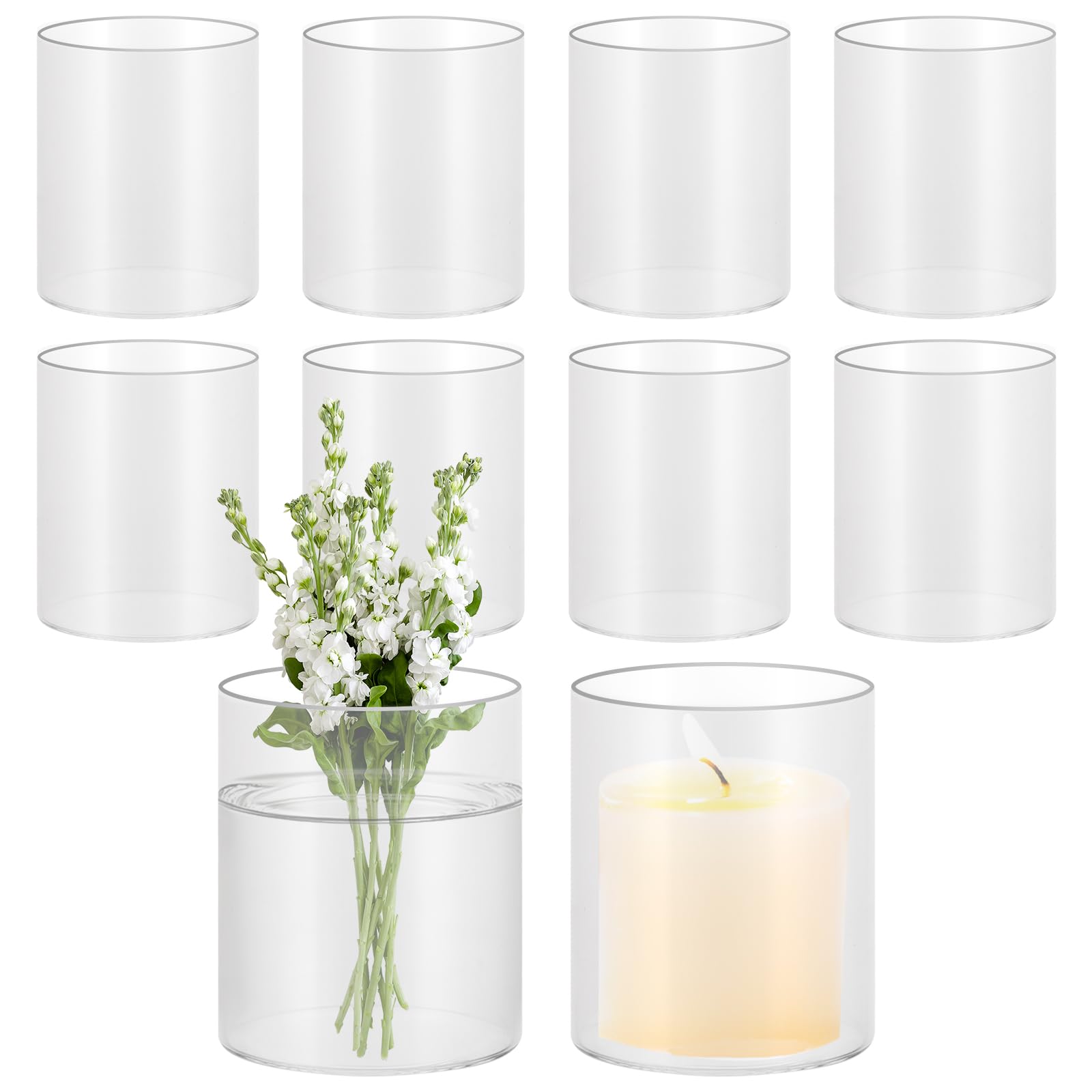 8 sztuk szklanych cylindrów do świec, szklany wazon mały 10 cm wysokości, przezroczysty szklany wazon cylinder, okrągły szklany cylinder z dnem, świeczniki małe szklane wazony do dekoracji domu