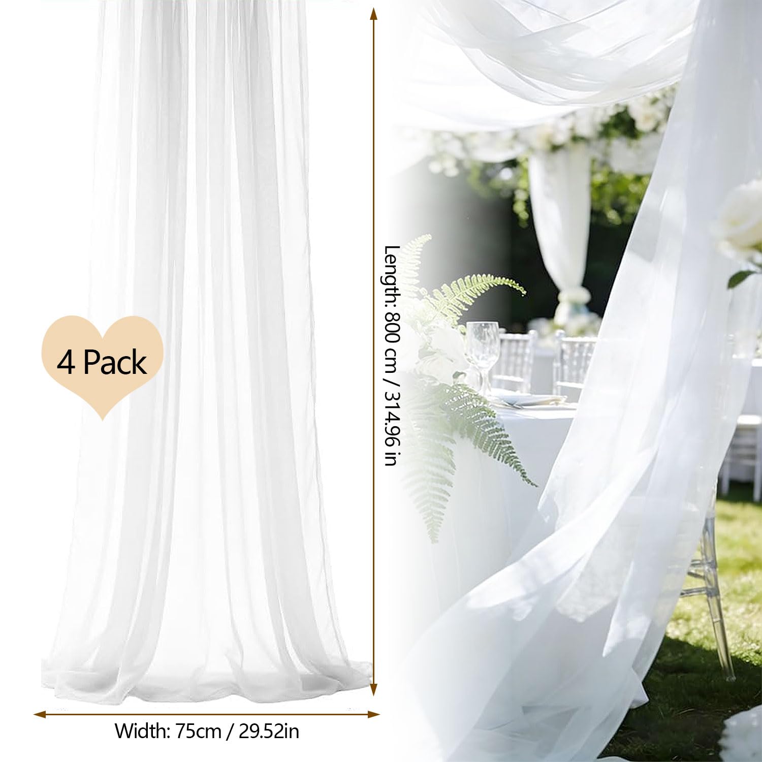 4 Piezas Cortinaje para Arco de Boda 75x800cm Tul Blanco Cortina Transparente Tejido Chiffon Decoracion Boda Fondo Nupcial Decoración para Fiestas Banquetes y Escenario