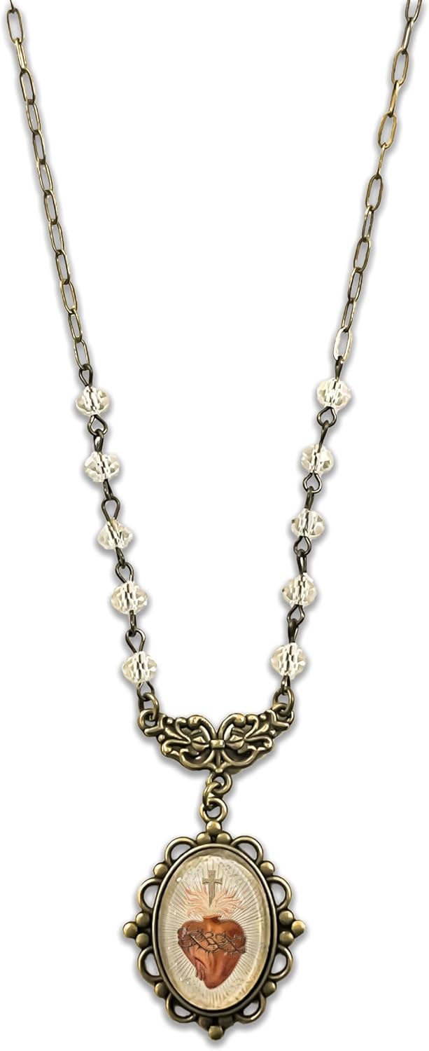 Vintage Inspired Sacred Heart Necklace, Sacred Heart of Jesus Necklace, Religious Gift, Sacred Heart Jewelry, Heart Necklace