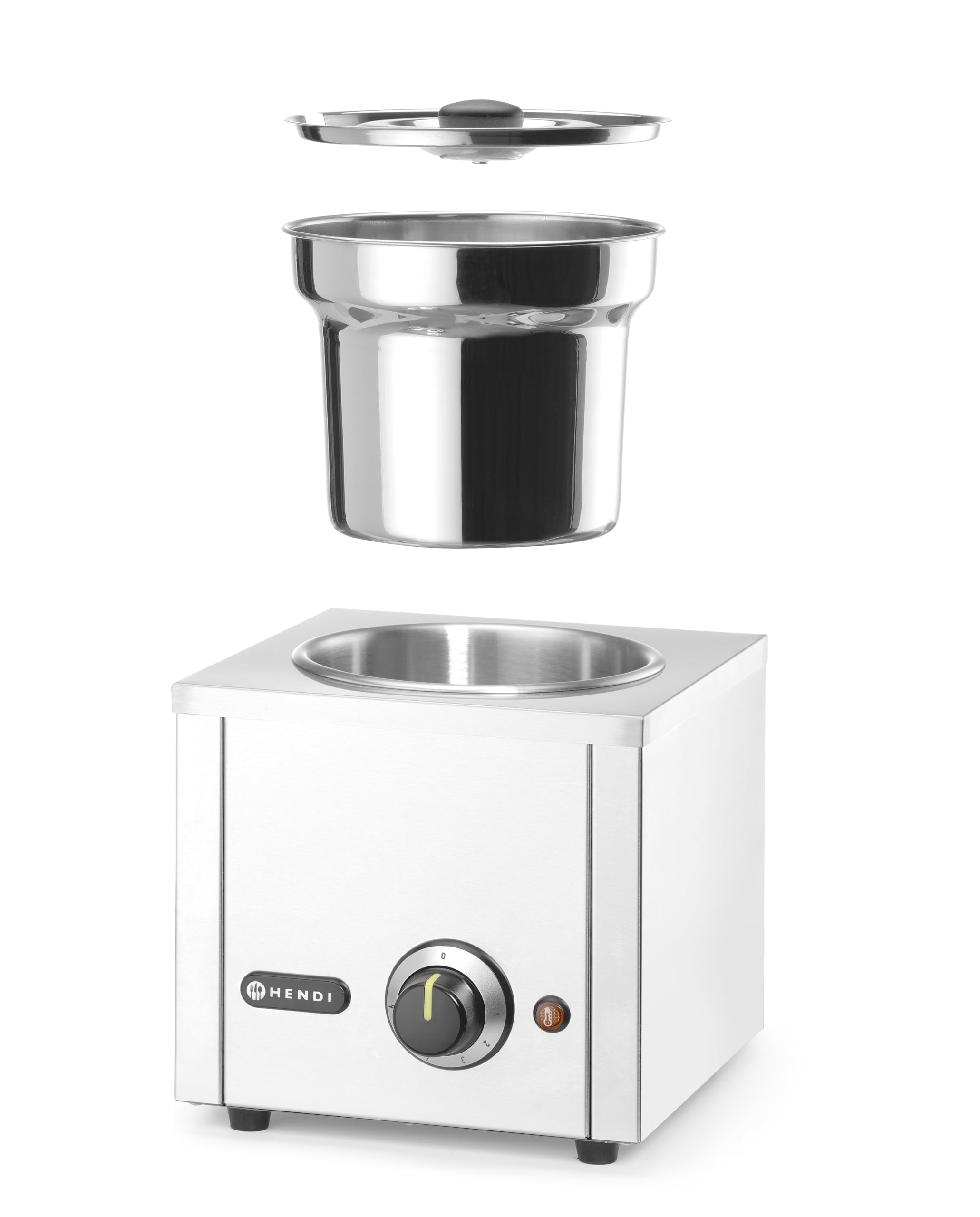 HENDI Baño María eléctrico profesional con 1 recipiente de acero inoxidable con tapa (1x4 L), Termosistema, Calentador de alimentos y sopas a 30–85 °C, 4 L, 220V/200W, 256x312x(H)298mm