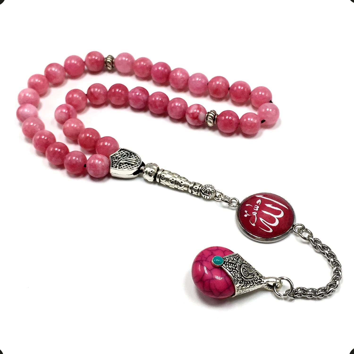 -ELEGANCE COLLECTION- Prayer Beads-Tesbih-Tasbih-Tasbeeh-Misbaha-Masbaha-Subha-Sebha-Sibha-Rosary (Natural Rhodonite Stone and Teardrop Tassel Tesbih -8 mm, 33 Beads-)