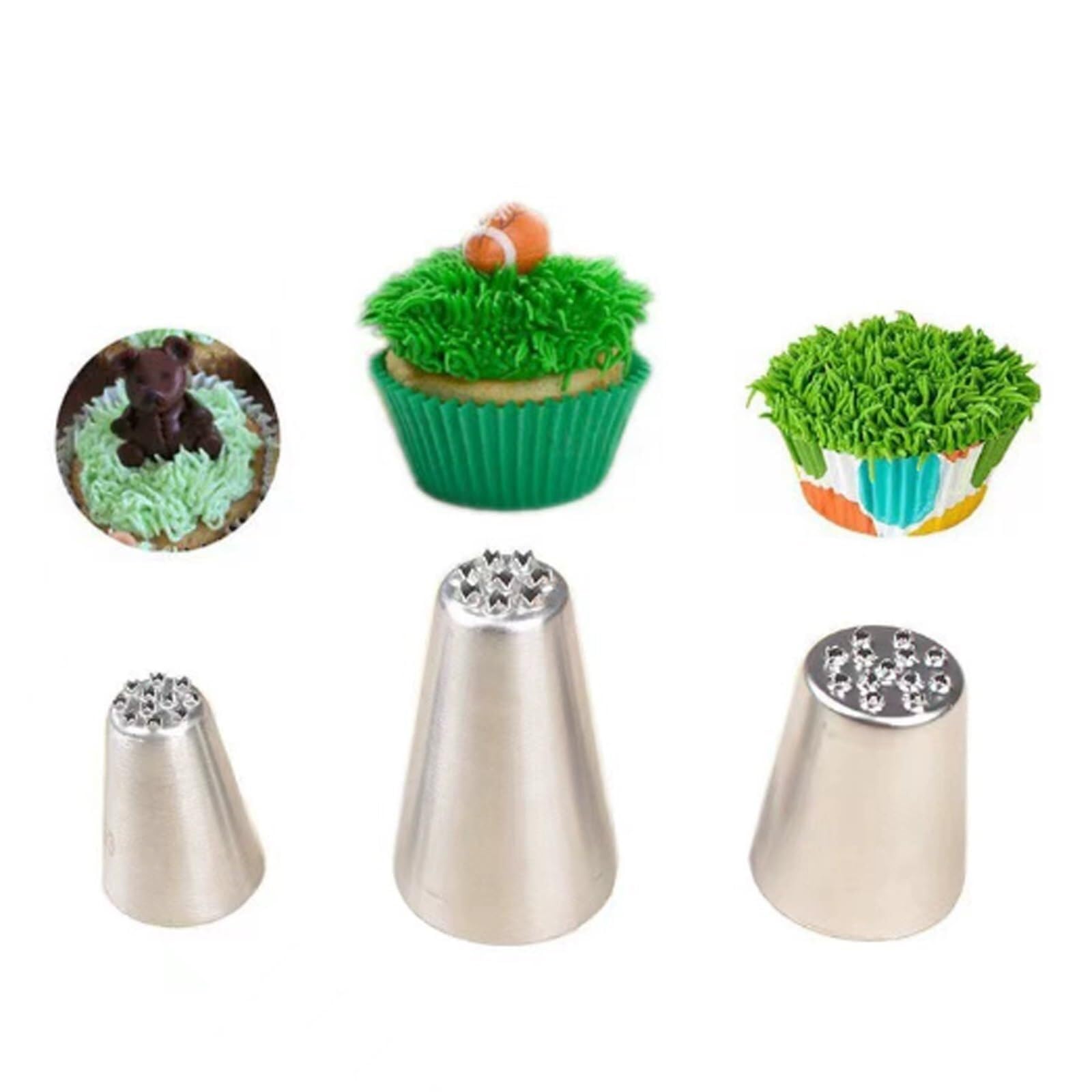 Set di 3 punte per decorare torte in acciaio inox | Set di utensili da forno a forma di erba per decorare torte, cupcake, biscotti