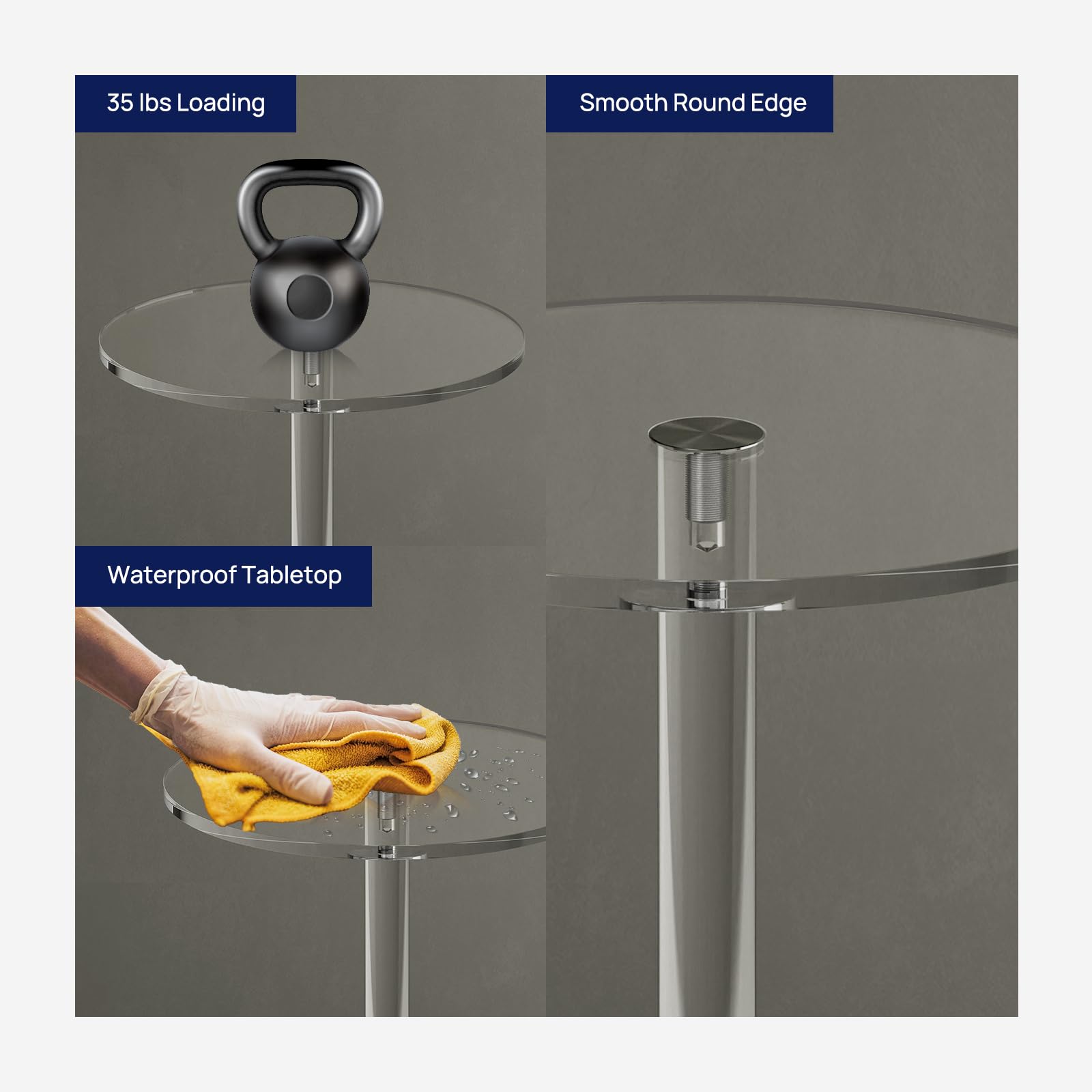 Mesa de bebida acrílica para espacios pequeños, 11.8 pulgadas de largo x 11.8 pulgadas de ancho x 21.3 pulgadas de alto, mesa auxiliar de pedestal transparente para sala de estar, redonda, 4